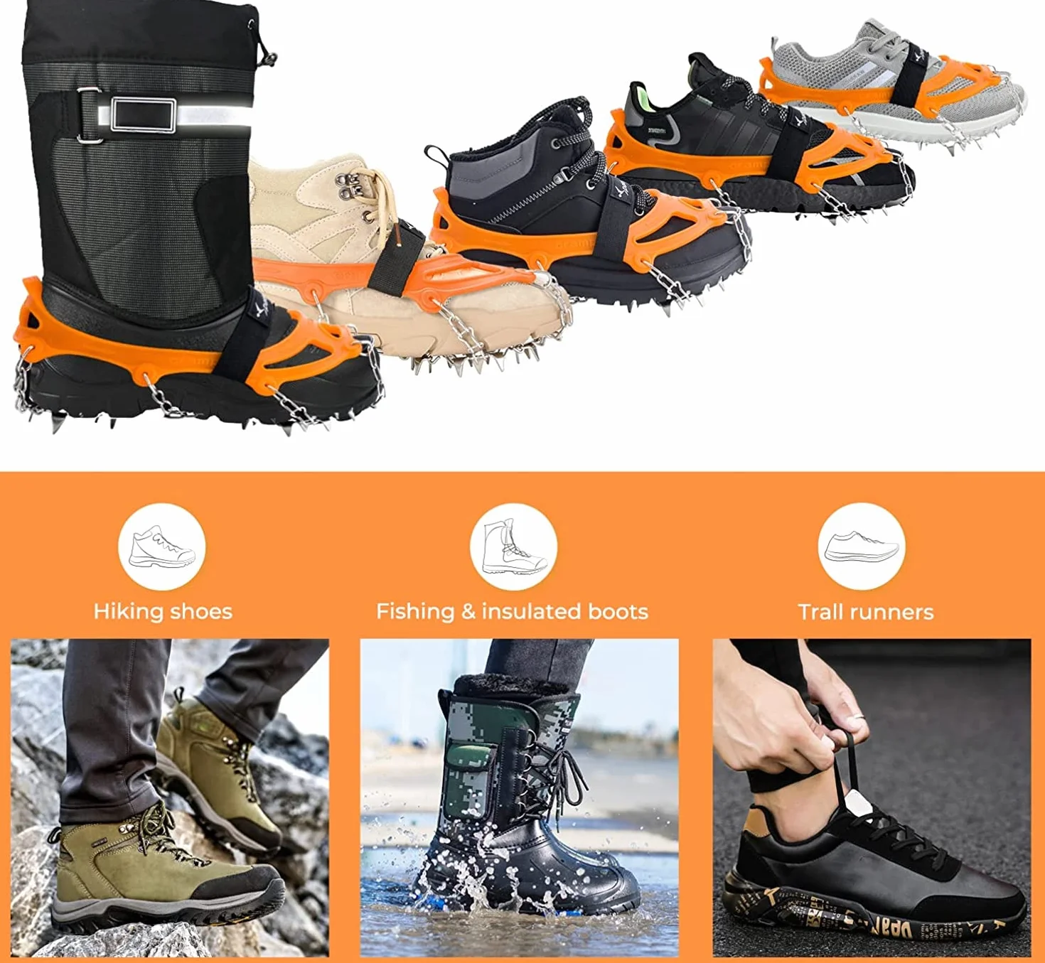 Sportneer Crampones 19 Dientes Tacos de Tracción Nieve y Hielo para Montañismo Escalada Caminar Alpinismo, Naranja, L