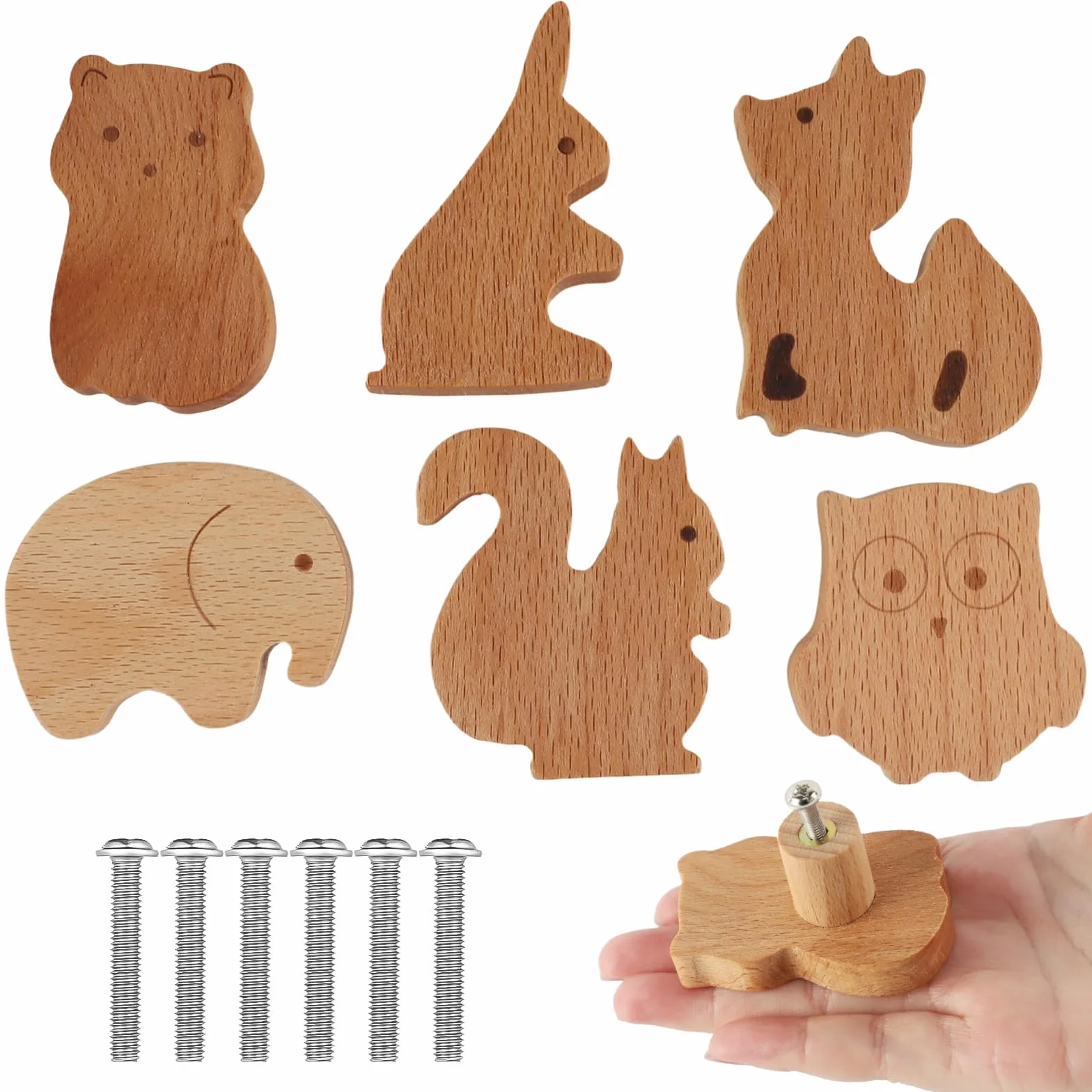 Tiradores Armarios, 6 Piezas Pomos con Adorables Animales para Muebles, Hechos de Madera Maciza con Textura Natural, Ideales para Decorar Habitaciones Infantiles y Tocadores