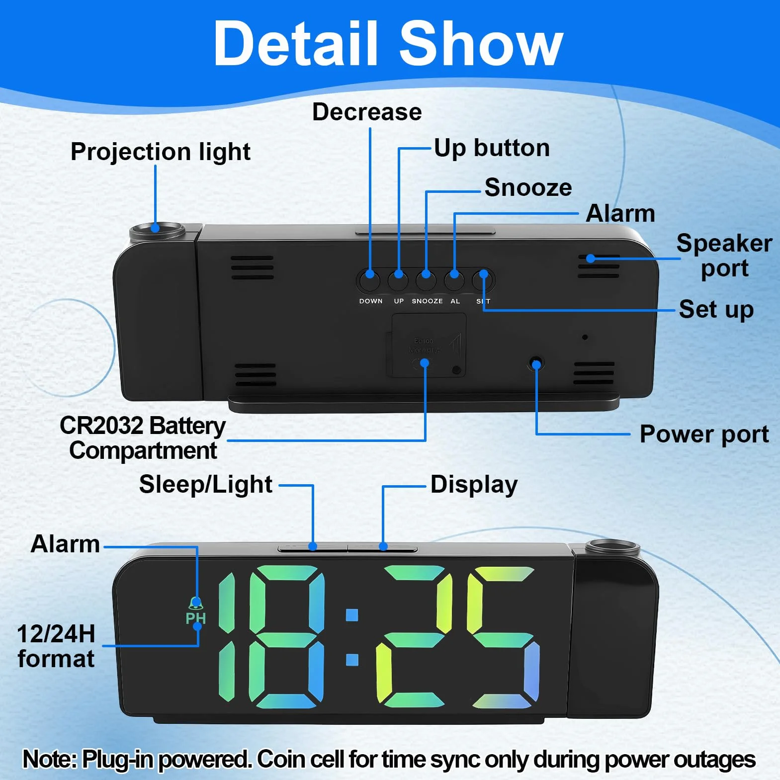 Reloj Despertador de Proyección Digital, 180° Pantalla LCD Grande con Proyector, Temperatura, 3 Niveles de Brillo, Modo nocturno, 19.5cm Alimentación por USB, 12/24 h, para Niños, Ancianos(Noir)