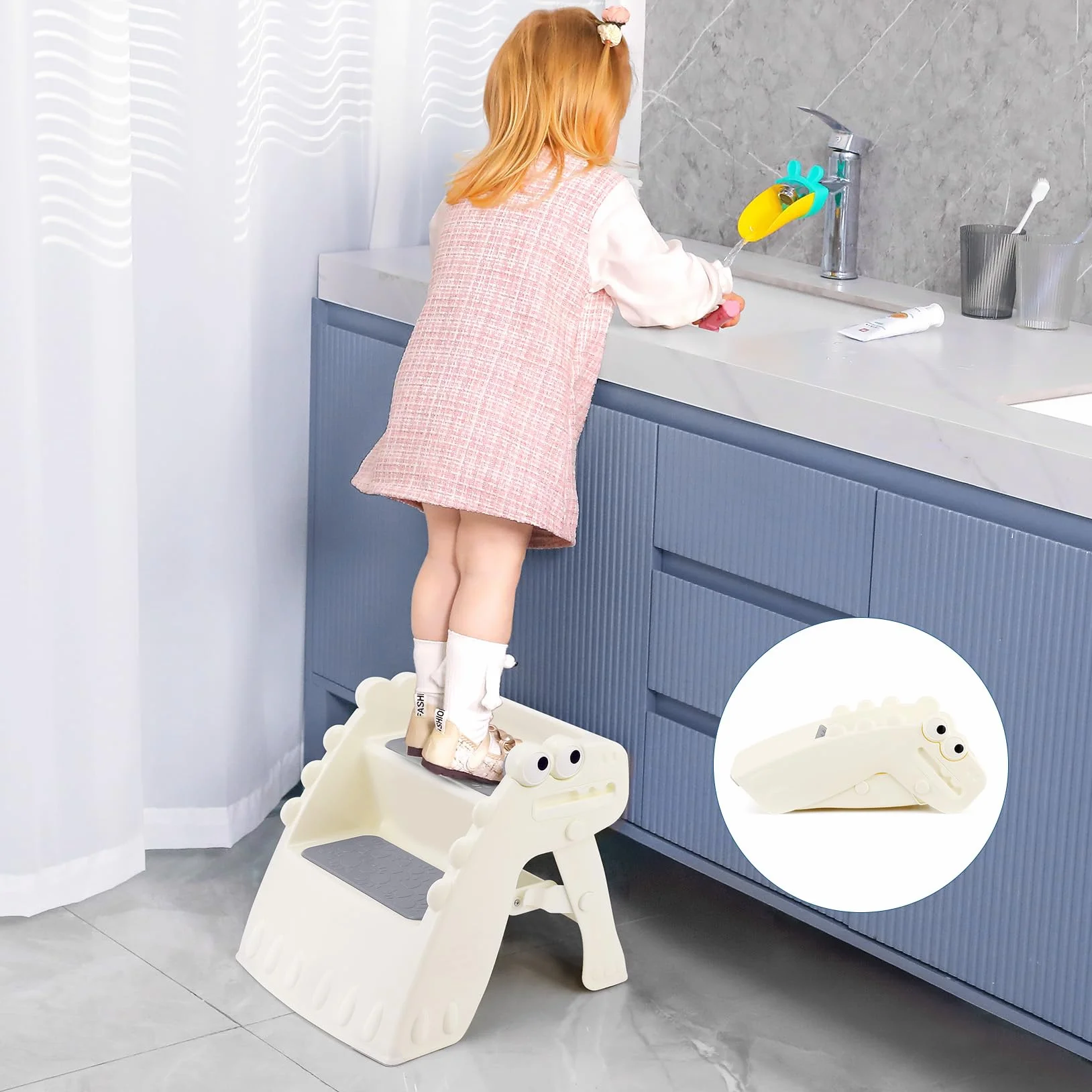 Onasti Taburete Plegable para Niños con Escalón Antideslizante 2 Pasos, Diseño Dinosaurio Blanco