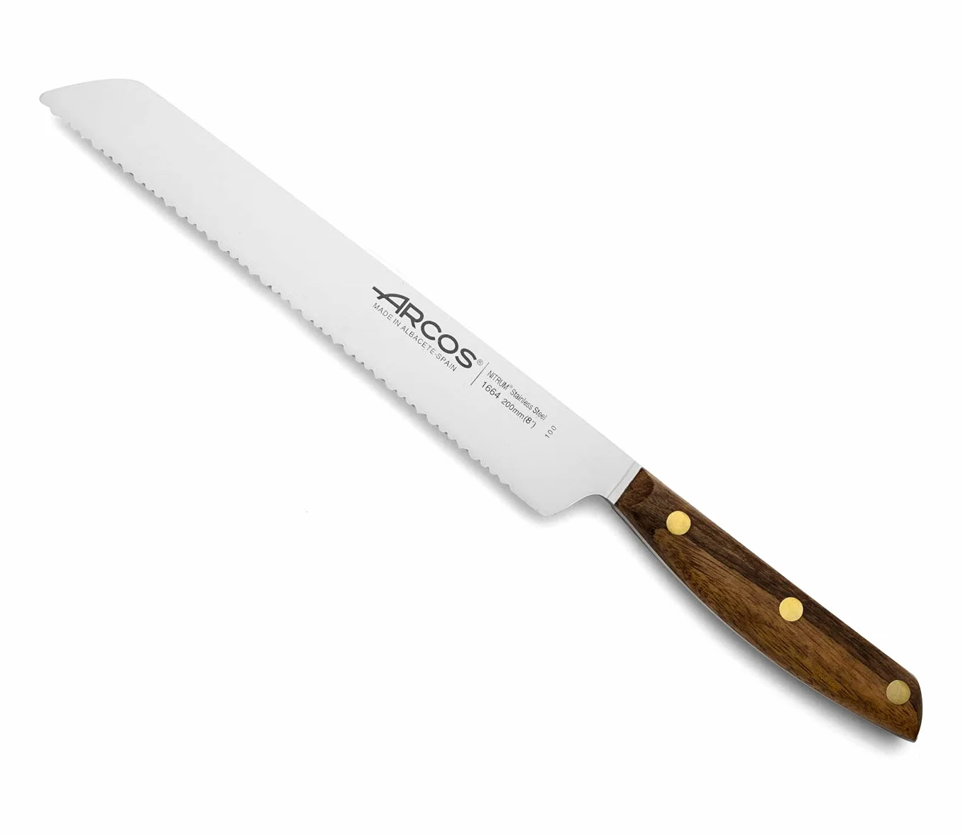 Arcos Cuchillo para pan con Hoja Acero Inoxidable Nitrum 200 mm. Obtenga una gran variedad cortes parau comida. Cuchillo ideal para uso doméstico diario. Serie Nordika. Color marrón.