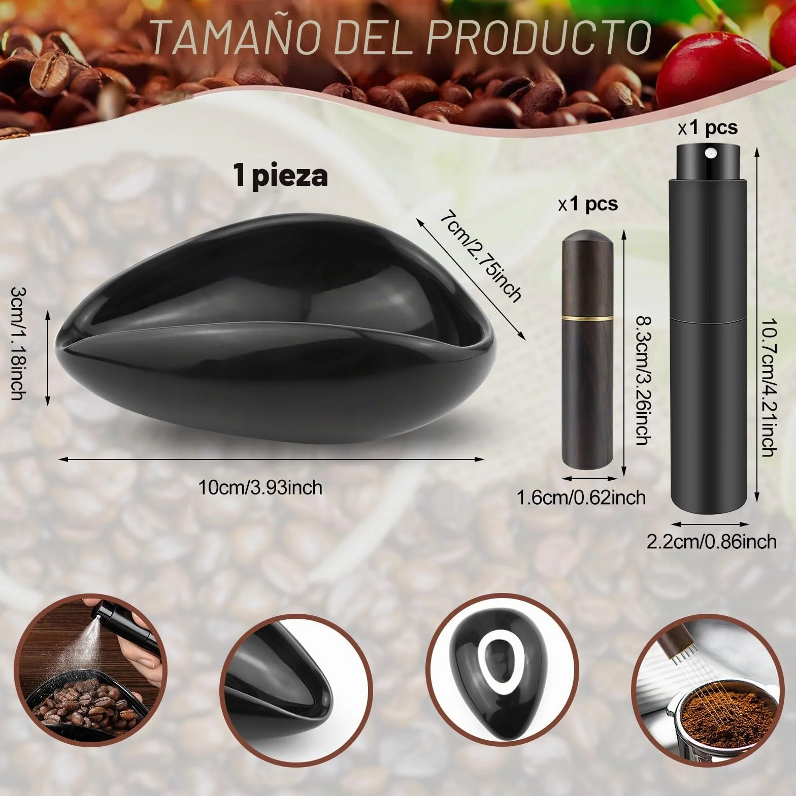 Juego de 3 vasos dosificadores de granos de café, color negro, juego de herramientas, incluye herramienta Wdt de madera, taza de café y botella de spray RDT para café, té y regalos