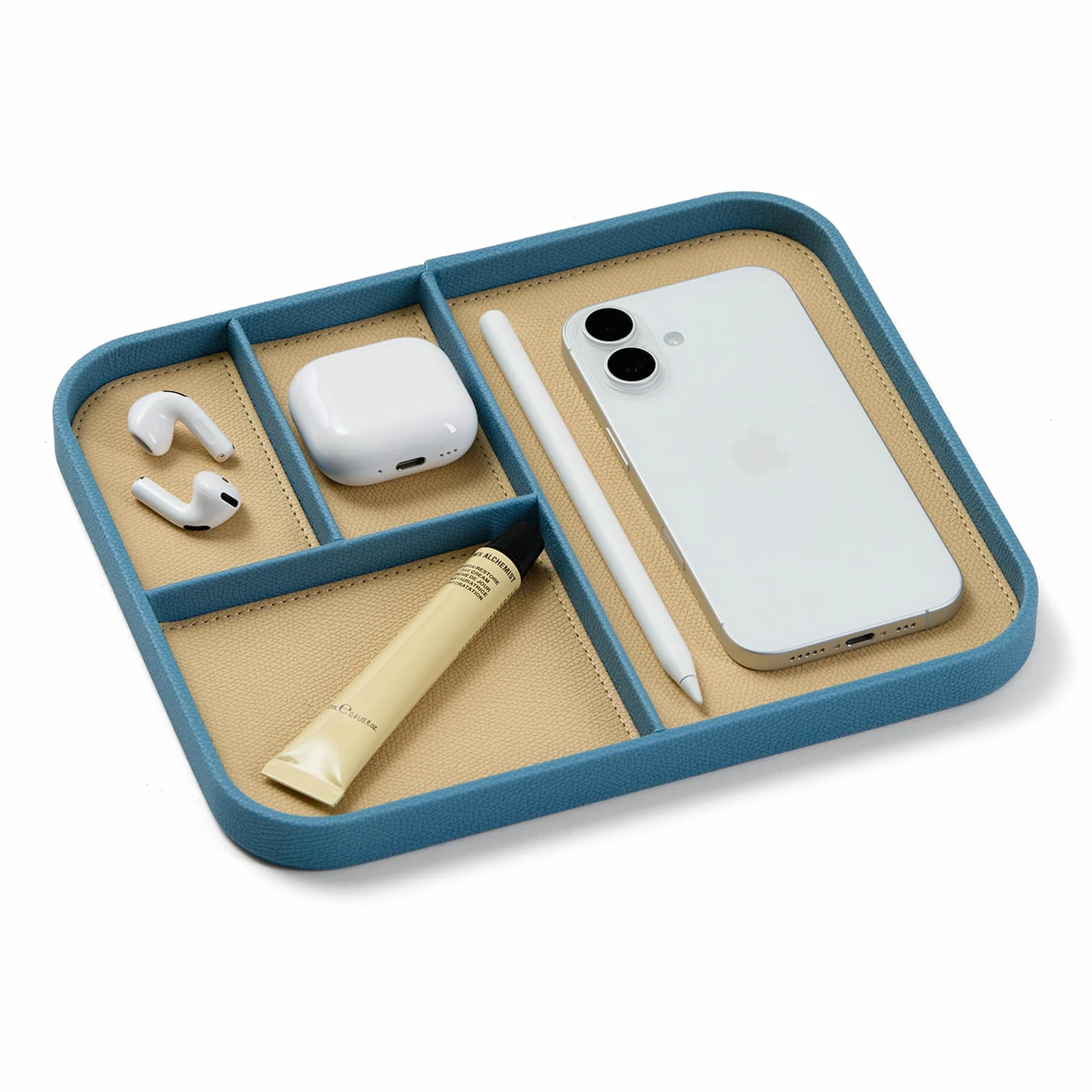 Nordik - Bandeja de cuero para valet - Azul Nordik - Bandeja mediana de cuero vegano de 9.5 x 7.9 pulgadas - Elegante organizador de mesita de noche para hombres - Moderno organizador de mesita de