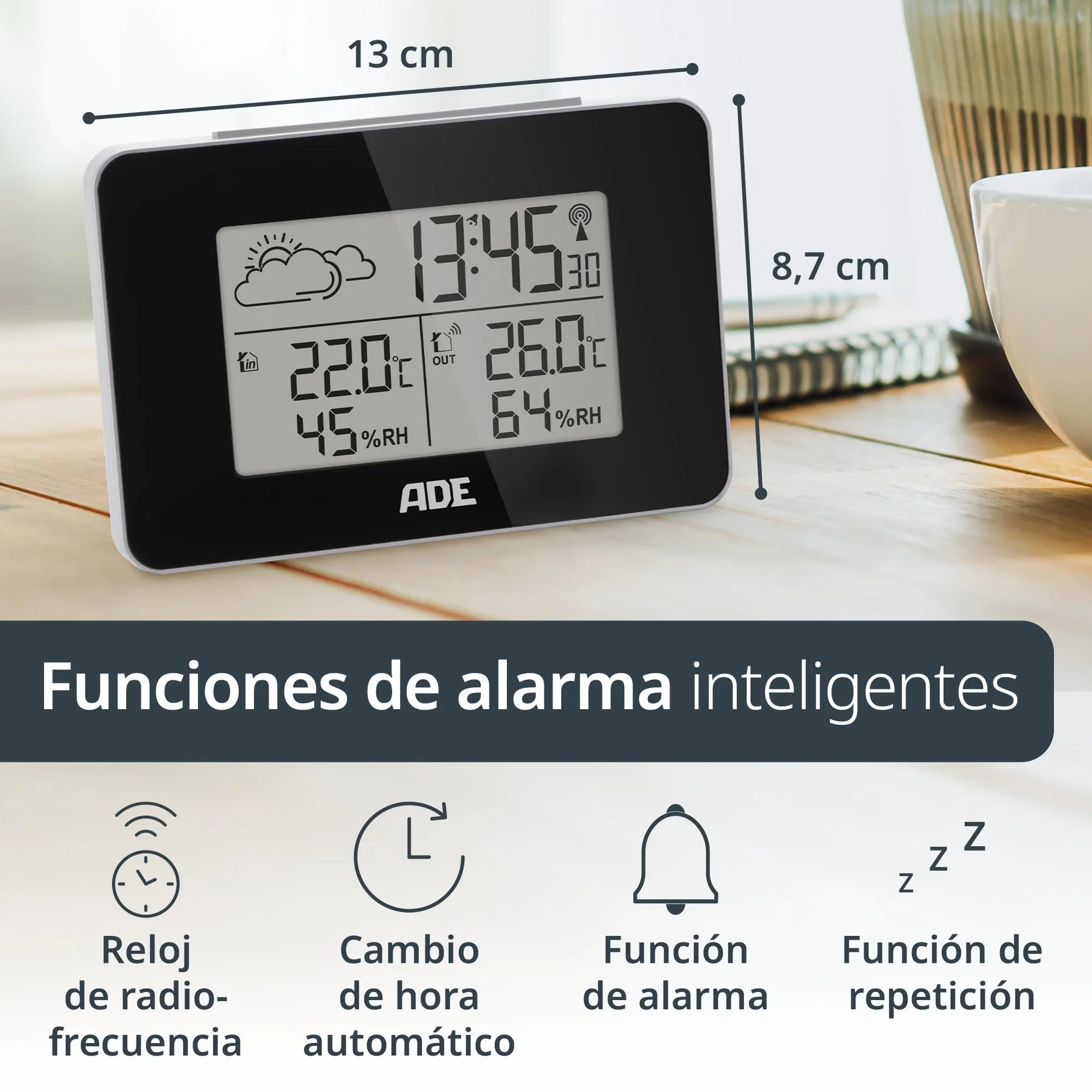 ADE Estación meteorológica digital radiocontrolada con sensor exterior | temperatura interior y exterior | medidor de humedad | previsión meteorológica animada | despertador | negro