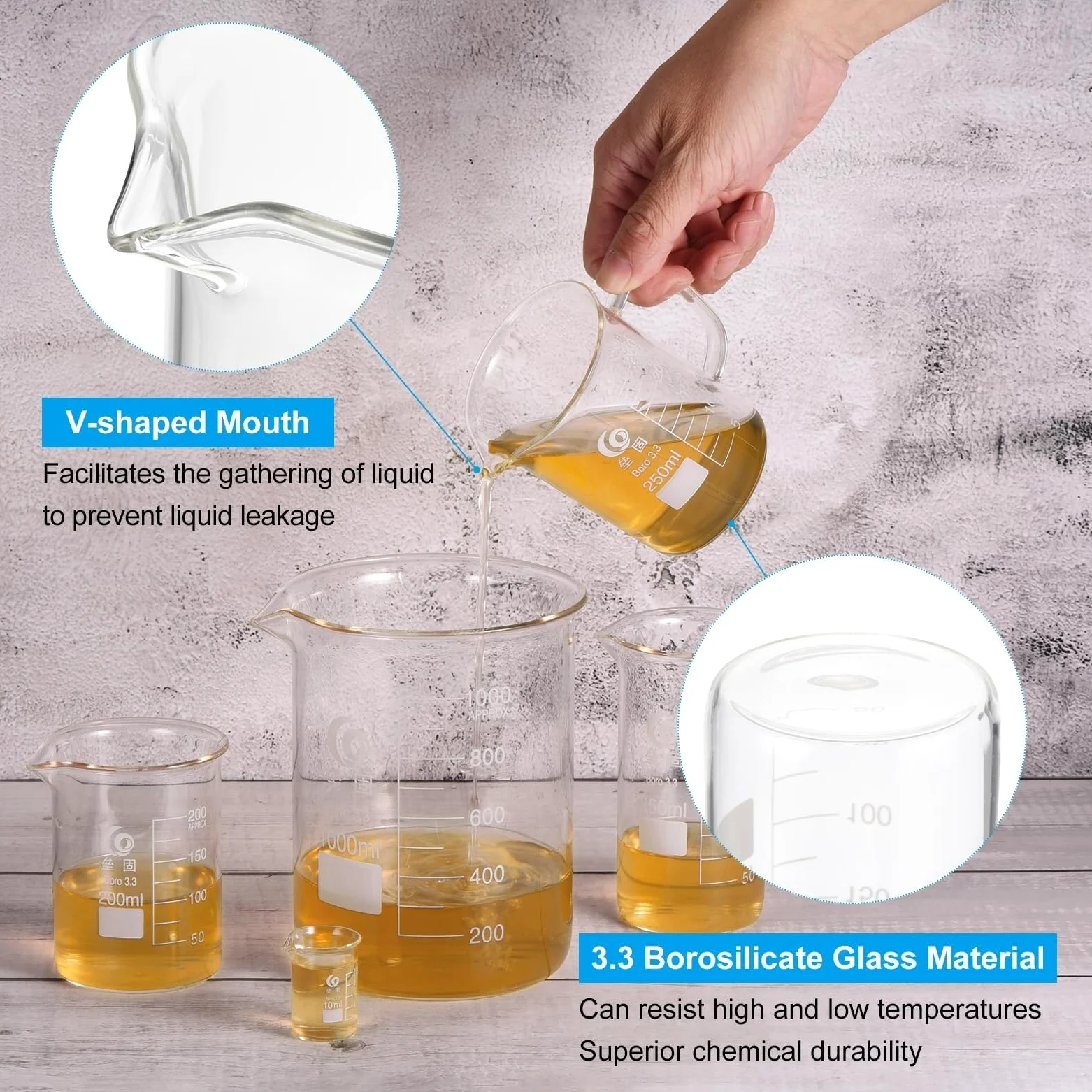 Vaso de precipitados de laboratorio, Tazas medidoras de forma baja 5 ml, 8 piezas con boquilla vidrio borosilicato, varios tamaños, cocina laboratorio(5ml)