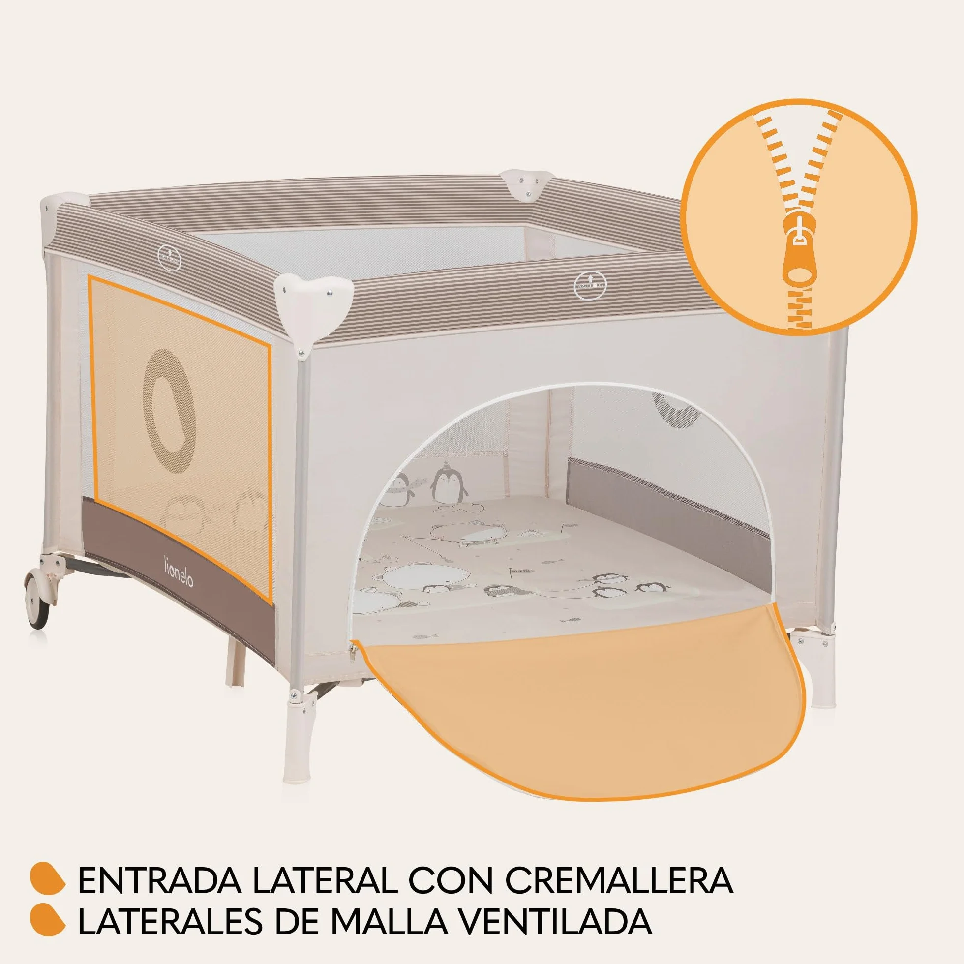 LIONELO BONNIE Parque Infantil Bebe hasta 15 kg, desde Nacimiento hasta 36 meses, Acceso Lateral Cremallera, Malla Aireada, Plegado Rápido, Ruedas Freno, Bolsa Transporte