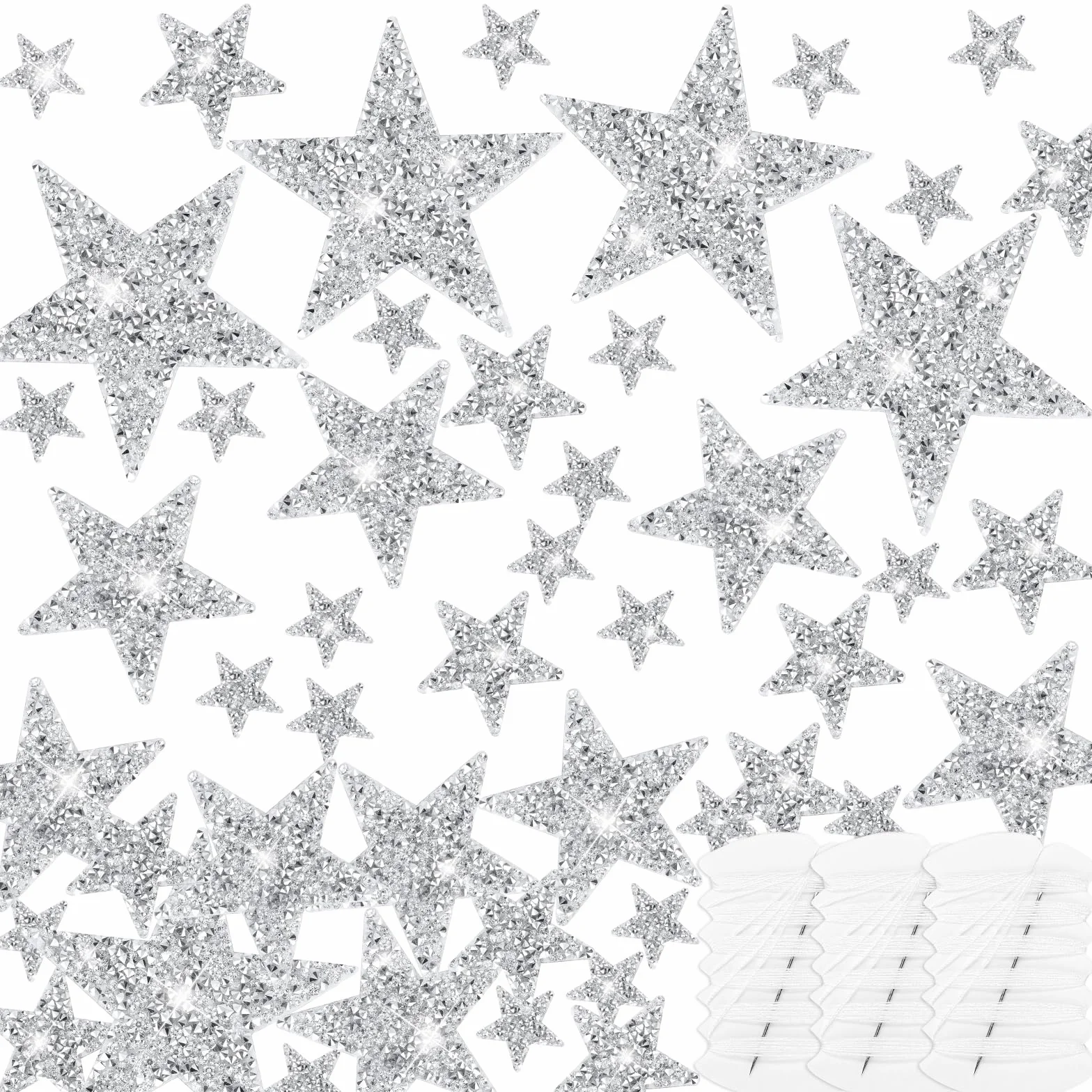 80 parches de estrella para planchar, 3 tamaños, parches adhesivos de diamantes de imitación plateados, parches brillantes en forma de estrella con 3 kits de costura, agujas de hilo para ropa, jeans,