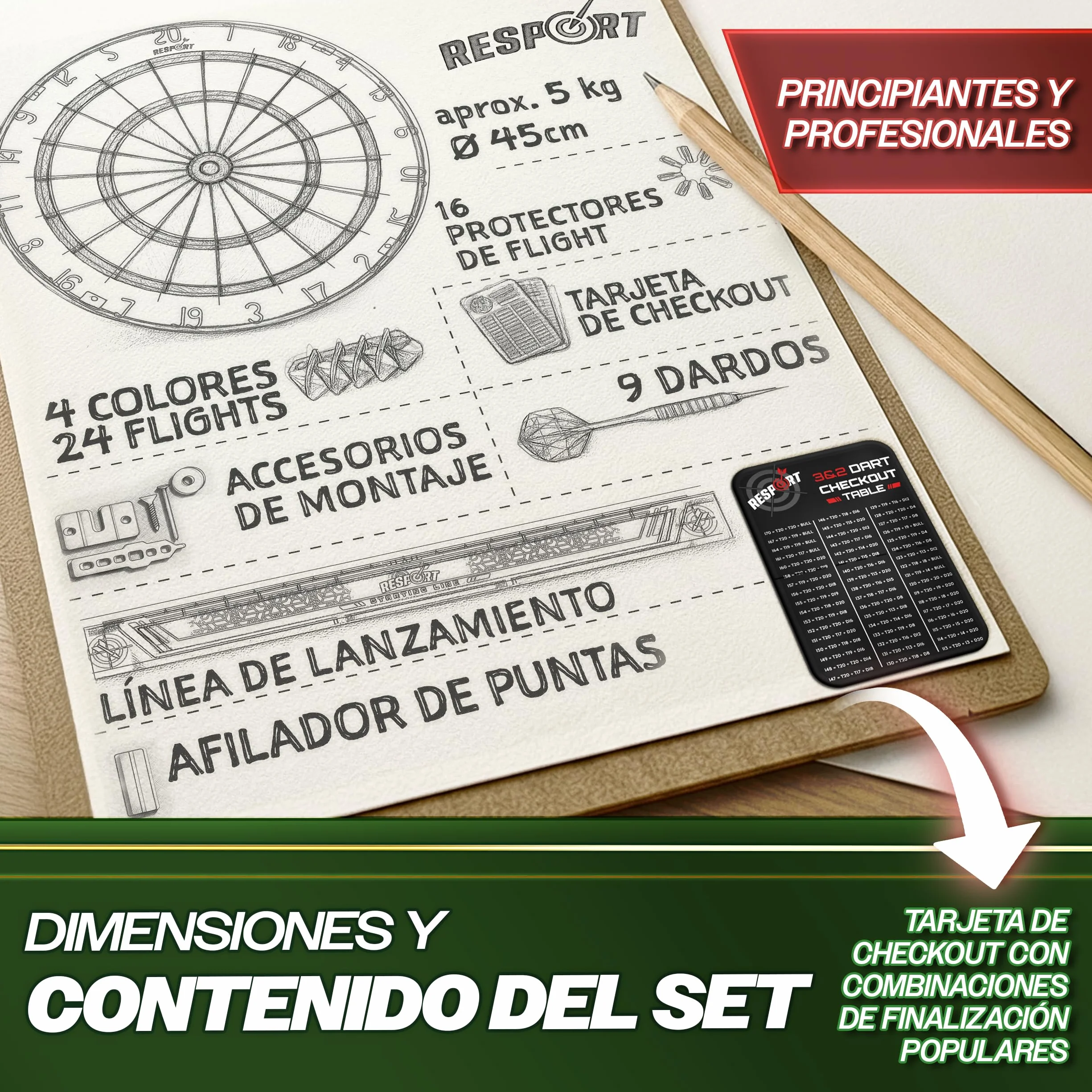 RE:SPORT Diana XXL con 9 dardos profesionales + 24 plumas Pro + accesorios dardos de acero