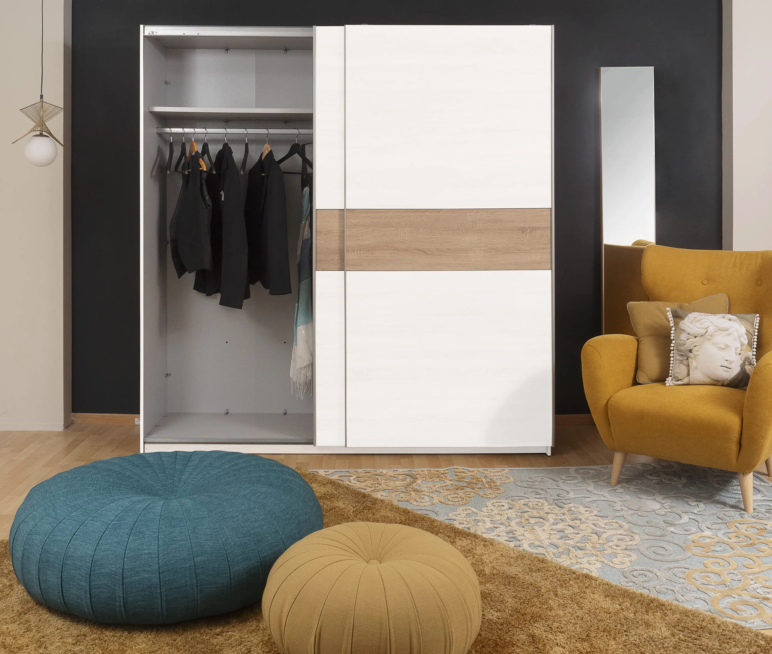 Homely | Armario de Puertas correderas Winter 200 | Acabado Laminado sintético Color Blanco Mate con Franja Central Reversible en Blanco o Roble | Medidas 200x62. Altura 210 cm. | Diseño Funcional