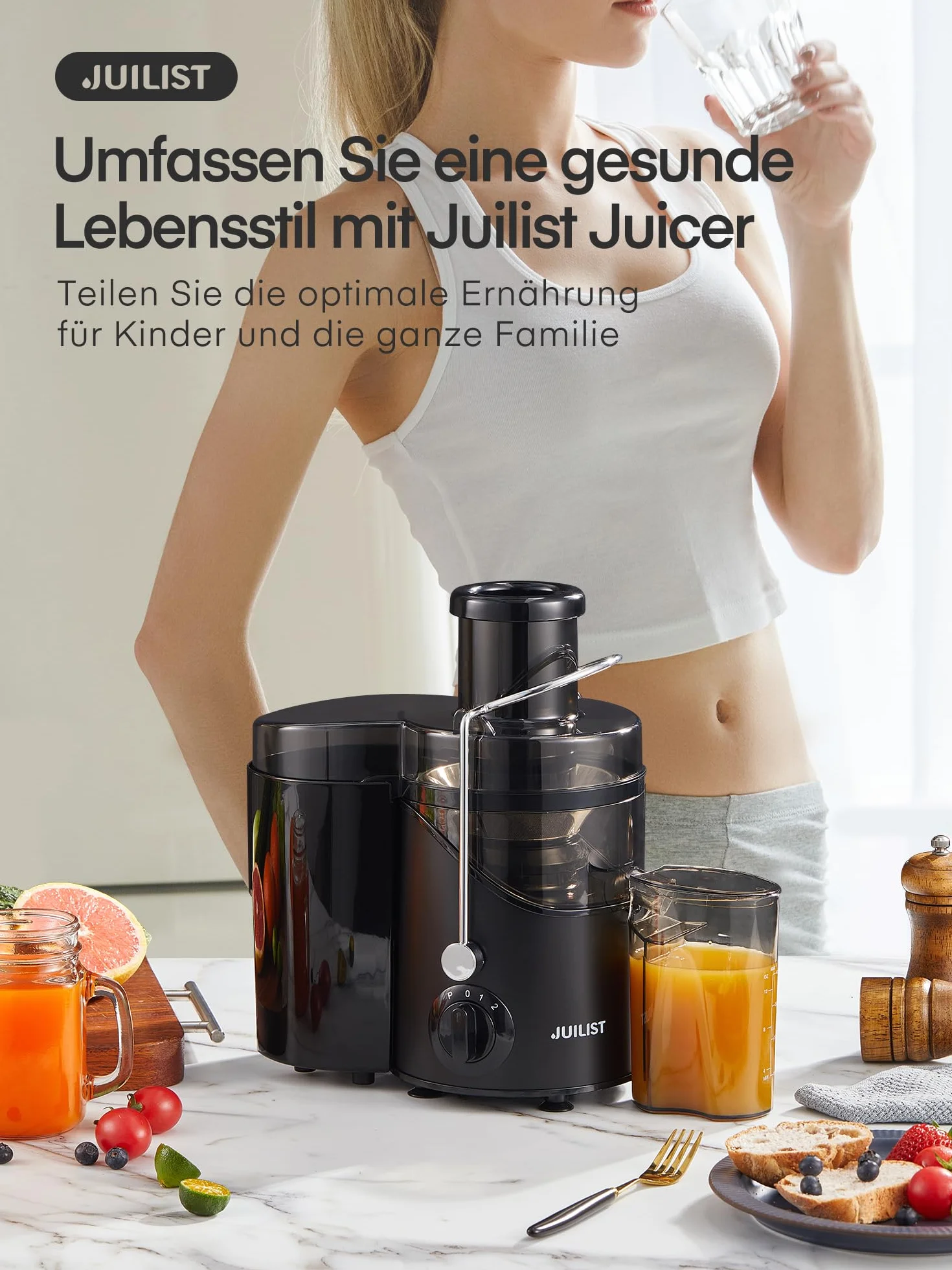Juilist Licuadoras Para Verduras y Frutas, Extractor de Zumos y Verduras, Orificio de llenado de 65 mm, 3 Posiciones, con Cepillo de Limpieza, Fácil de Limpiar, Negro