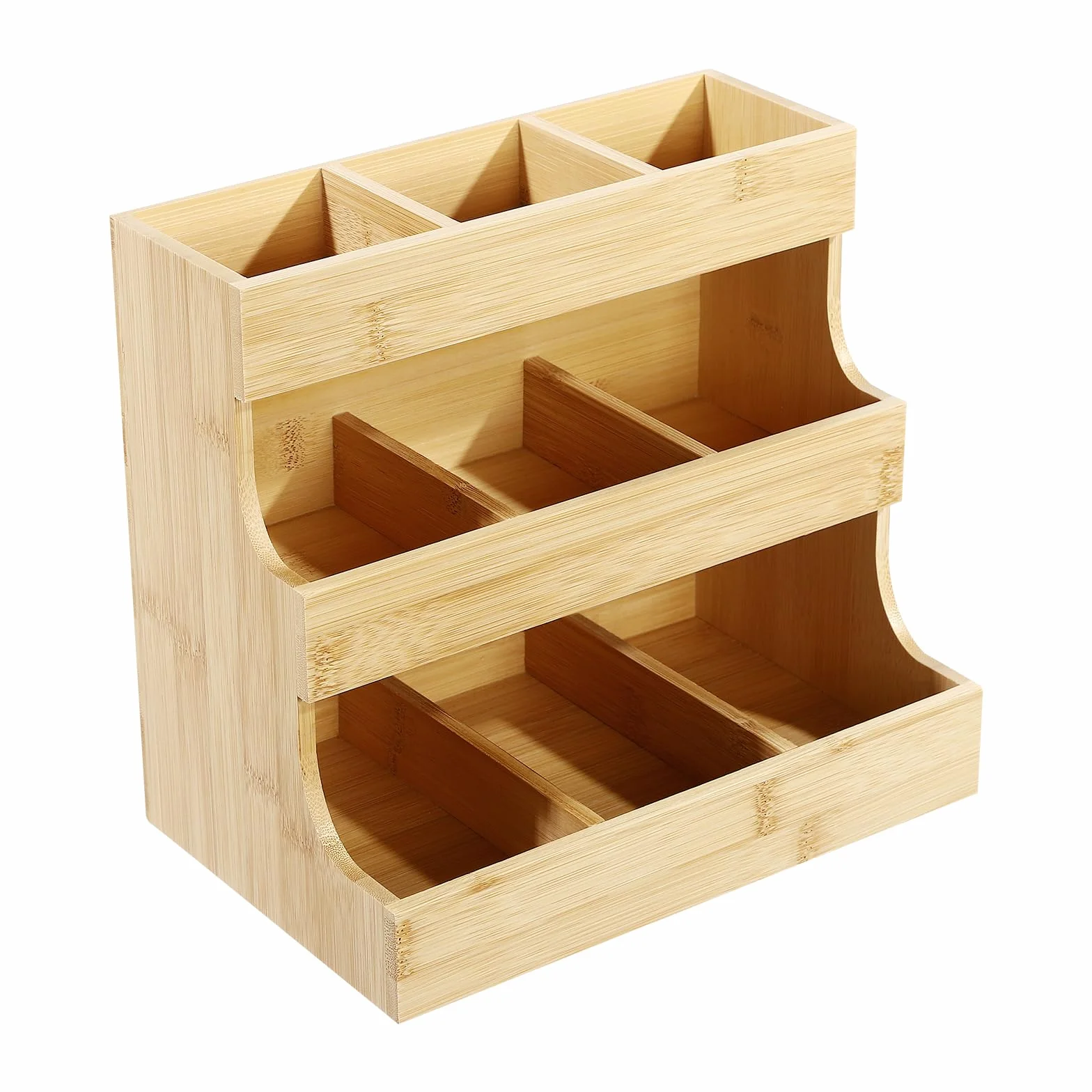 Organizador de bolsas de té de bambú con 9 compartimentos y 3 niveles (27 x 17,5 x 24 cm), capacidad de carga de 5 kg, para casa, oficina y cafetería, diseño sostenible