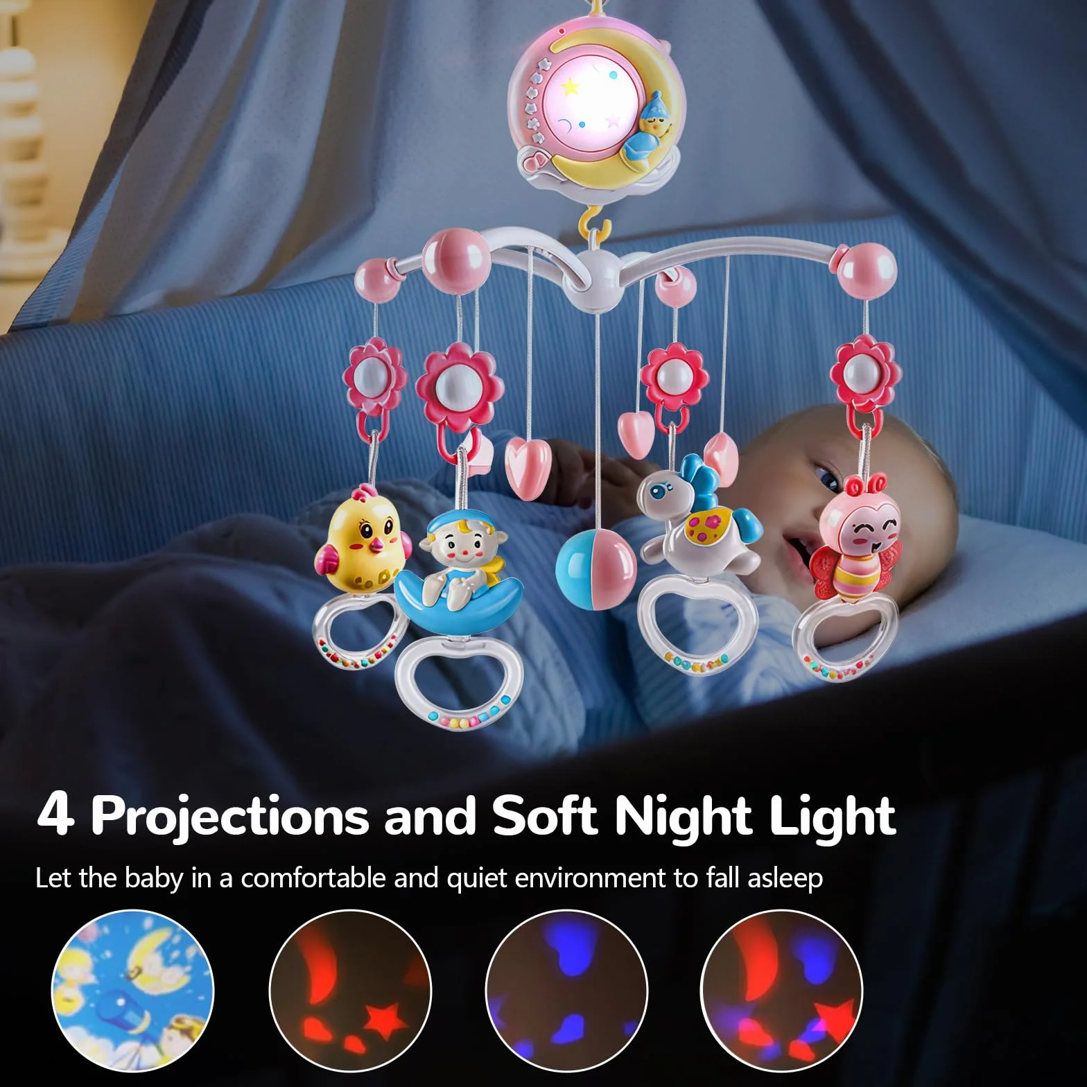 Movil Cuna Bebe, Móvil Musical para Cuna de Bebé con Proyector y Luz de Noche, Colgando Girando Sonajeros y 150 Melodias Mando a Distancia Caja de Musica, Movil Cuna Extraíble Juguete Cuna Bebé