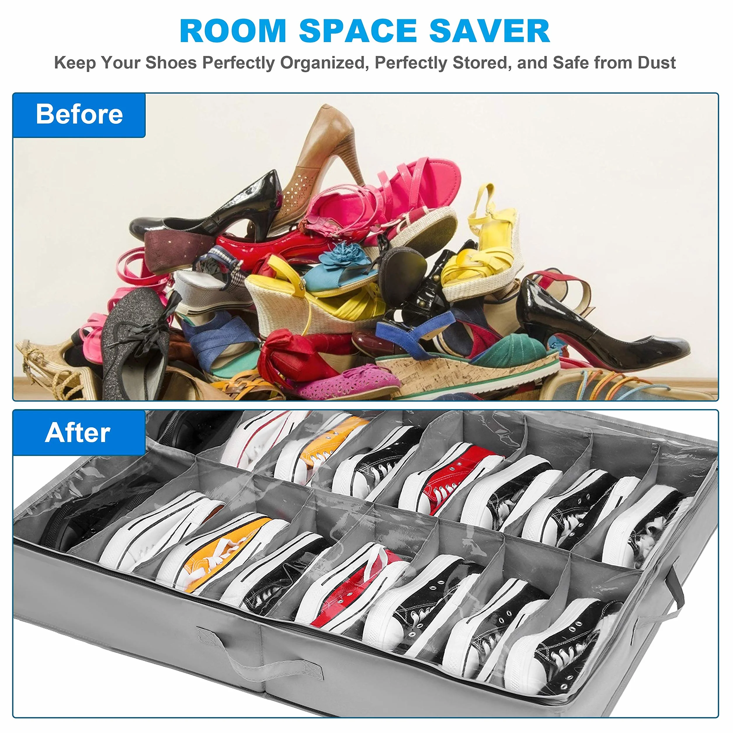 Organizador Zapatos 2 Pcs, para 16 + 4 Pares de Botas, Almacenaje bajo Cama y para Parte Superior del Armario, Cajas para Guardar Organizar con Ventana Transparente