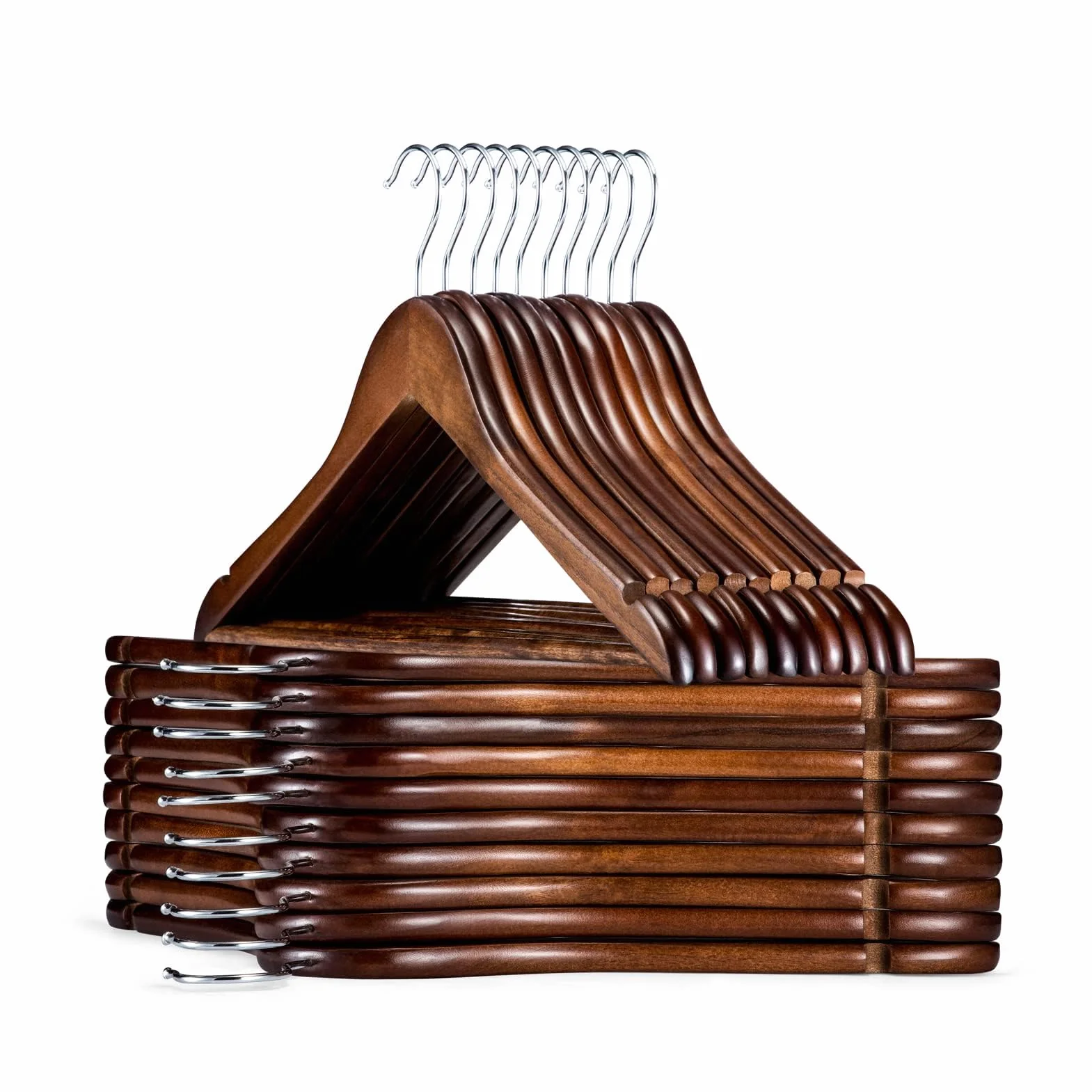 HOUSE DAY Paquete de 30 perchas de madera maciza, resistentes, acabado suave, perchas de madera a granel, perchas de madera de alta calidad con barra antideslizante para pantalones, gancho giratorio