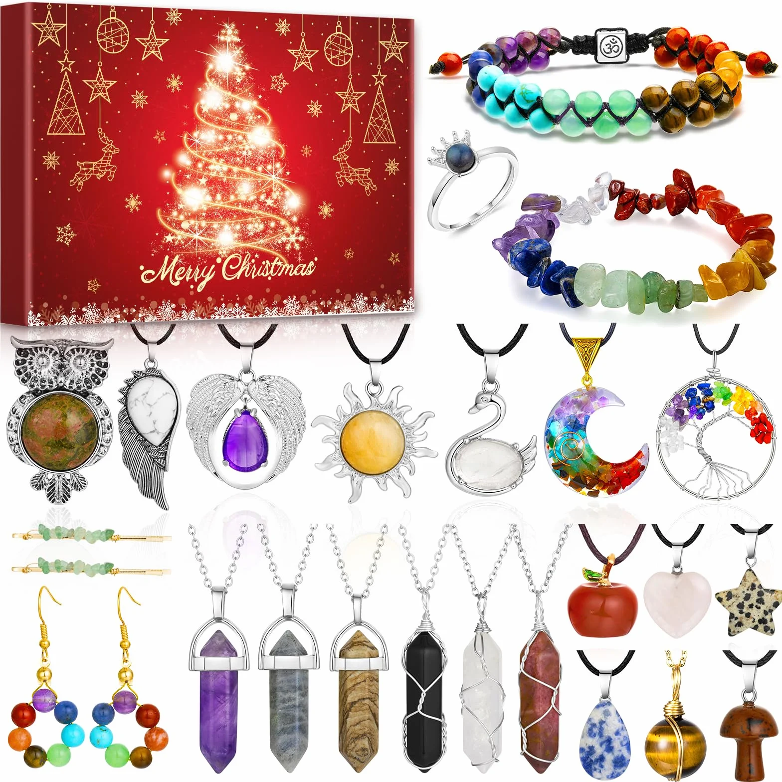Calendario De Adviento 2025 Joyería Cristal Mujeres Niñas 24 Sorpresas Navideñas Collares Pulseras Pendientes Anillos Piedras Preciosas Naturales