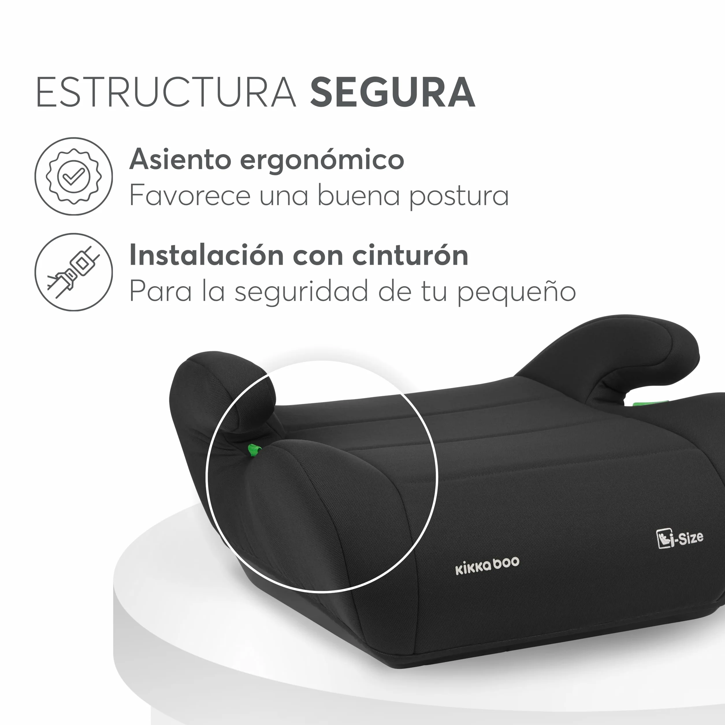 KikkaBoo Alzador Coche Niño i-UP, i-Size, 125-150 cm, Silla Coche Grupo 3, de 7 a 12 años, de 22 a 36 kg, Elevador Coche, Fácil Instalación con Cinturón, Negro