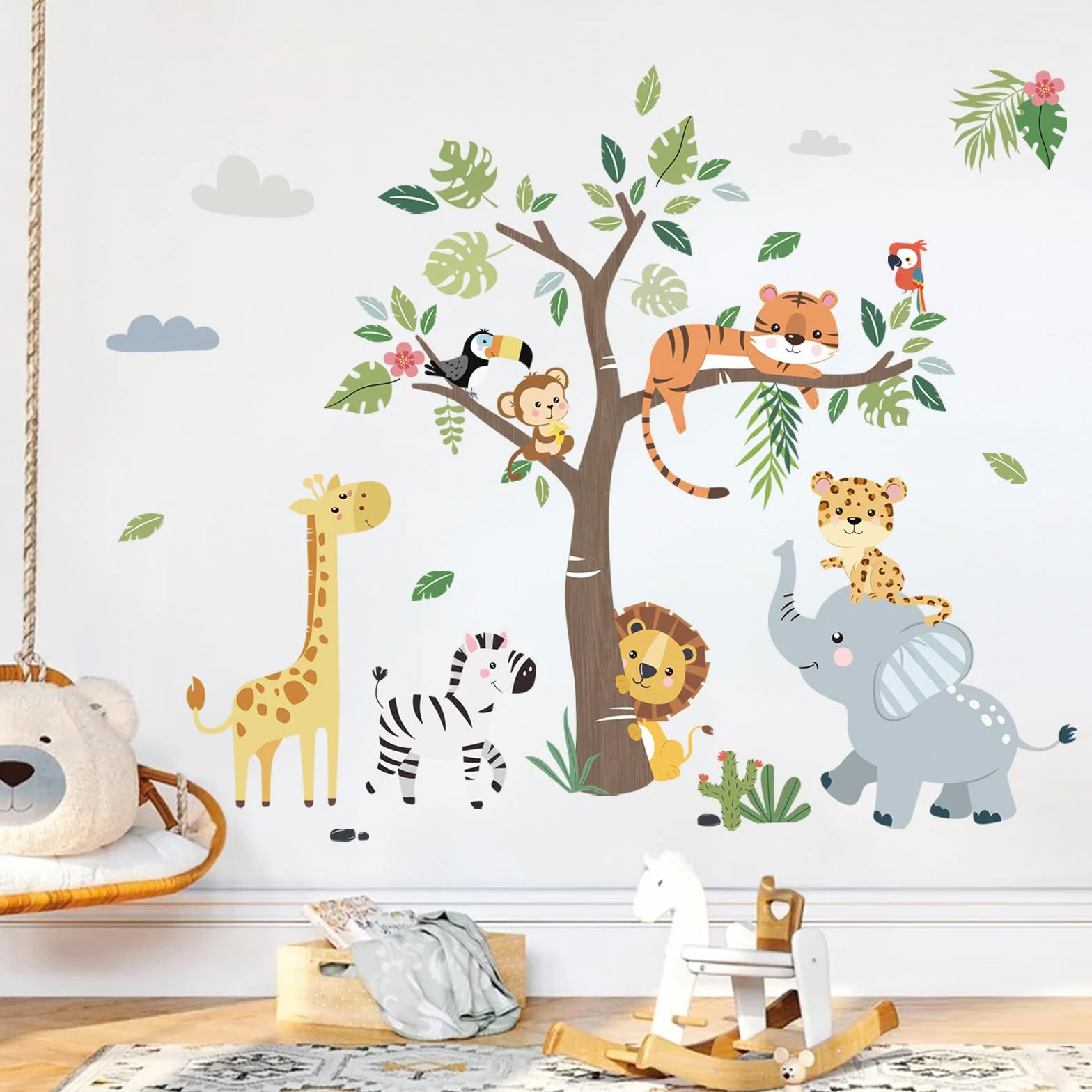 Decalmile Pegatinas de Pared Animales de la Jungla Safari Elefante Jirafa León Vinilos Decorativos Infantiles
