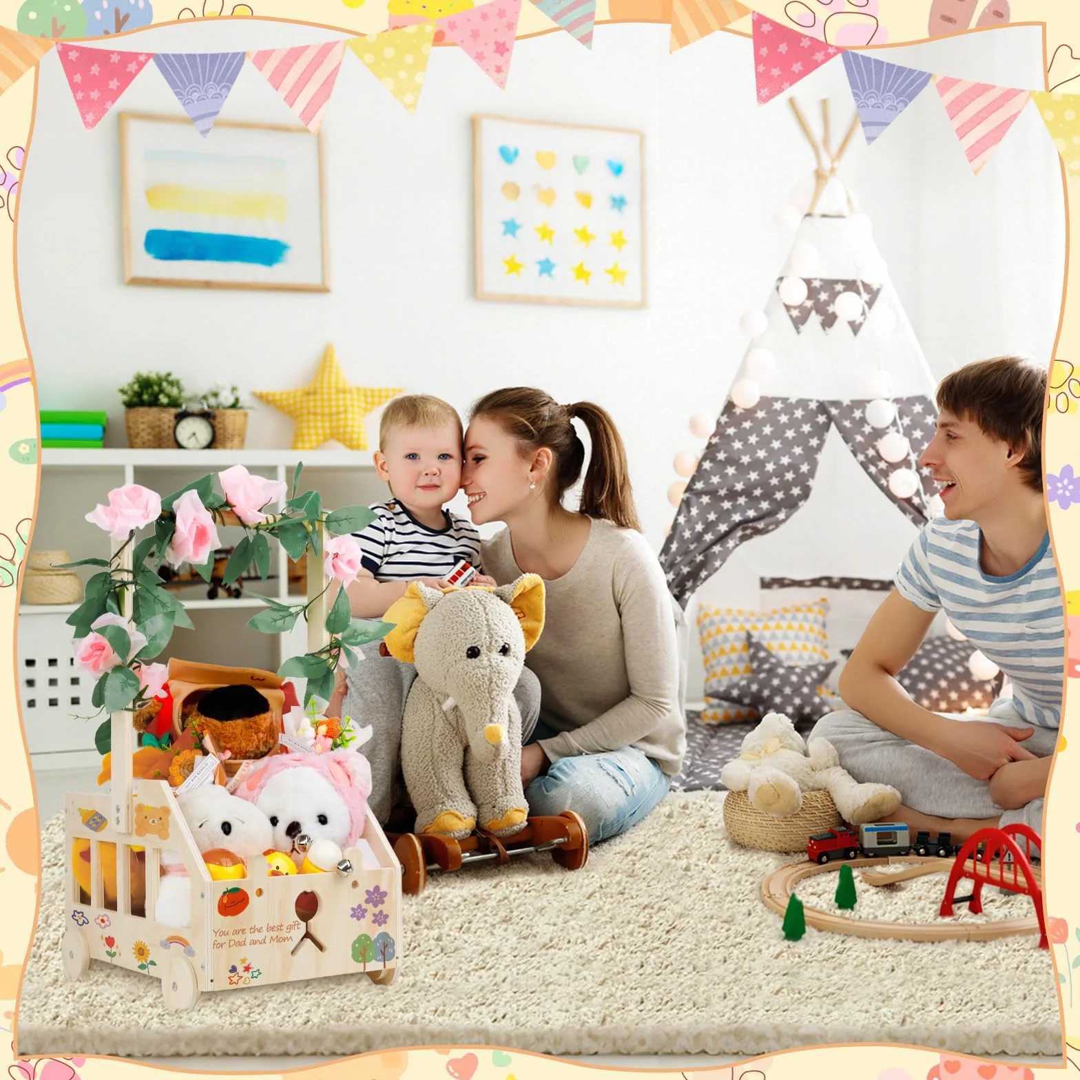 Cesta Madera Baby Shower Regalo Bebé Recién Nacido Niño Niña Armario Bebe Regalos para Baby Shower Bañera para Bebé con Ruedas Vacia Cesta de Madera con Hojas Decorativas Etiqueta de ángel y Perchero