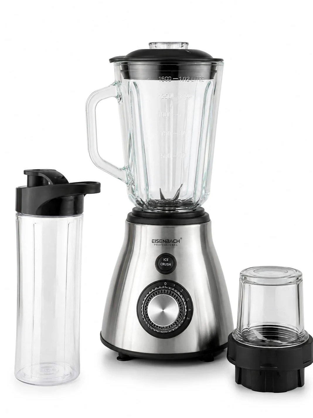 Licuadora Eléctrica Profesional 3 en 1 800W, Vaso de Vidrio 1.5L, Molinillo para Café y Especias, Botella Portátil 600 ml, 5 Velocidades + Función Ice Crush, 220-240V 50/60Hz