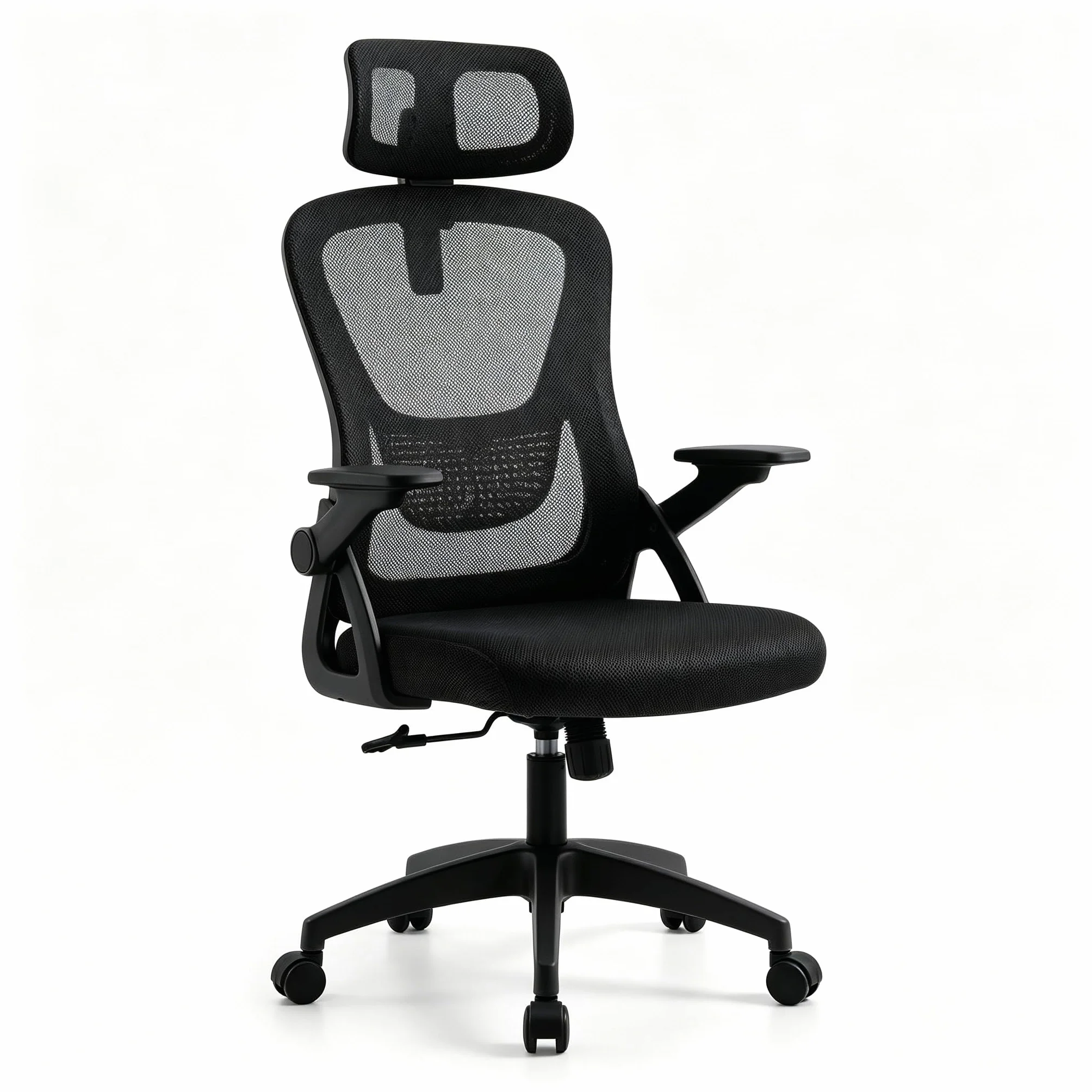 Silla de Oficina Ergonómica con Respaldo de Malla Transpirable, Soporte Lumbar y Altura Ajustable, Silla Escritorio Giratoria con Ruedas 360° (Cabecera y Brazos abatibles Negro)
