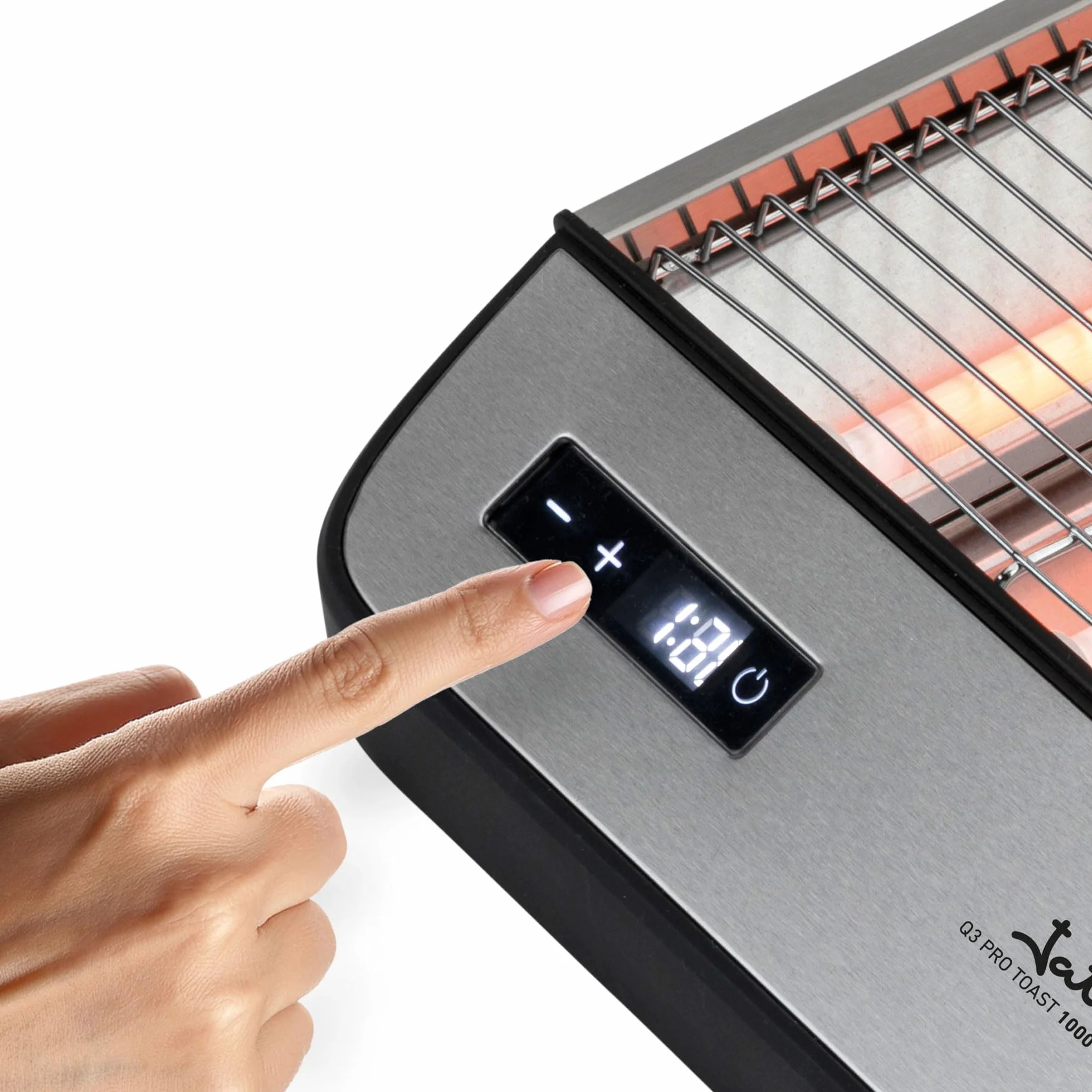 JATA JETT1590 - Tostadora Horizontal Digital, Tostador de Pan 1000W con Control Táctil, 6 Niveles de Tostado, Barras de Cuarzo, Bandeja Recogemigas Extraíble, Ideal para Pan, Bollería y Repostería