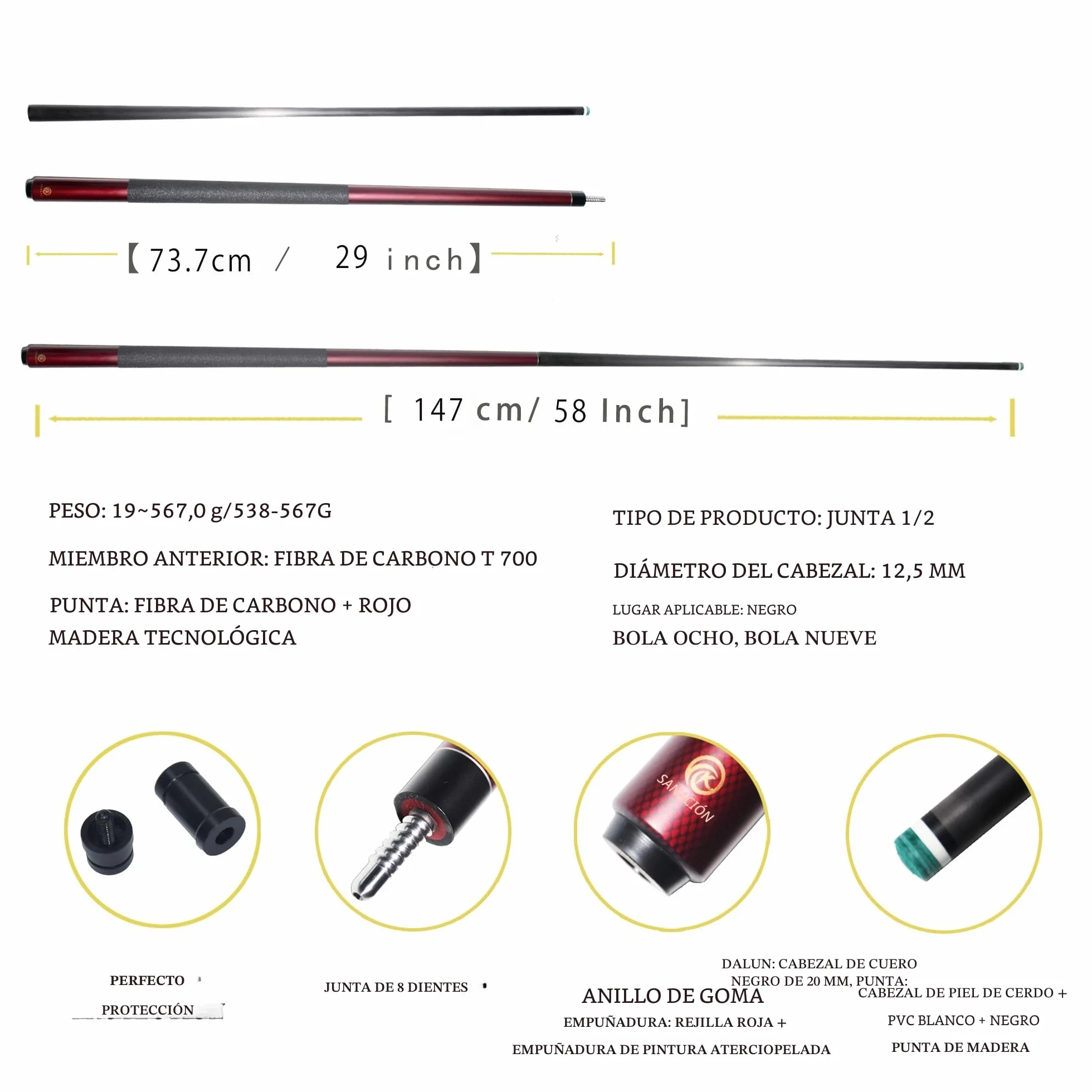 KHEALING Taco de billar fibra de carbono 12,5 mm 58 pulgadas profesional