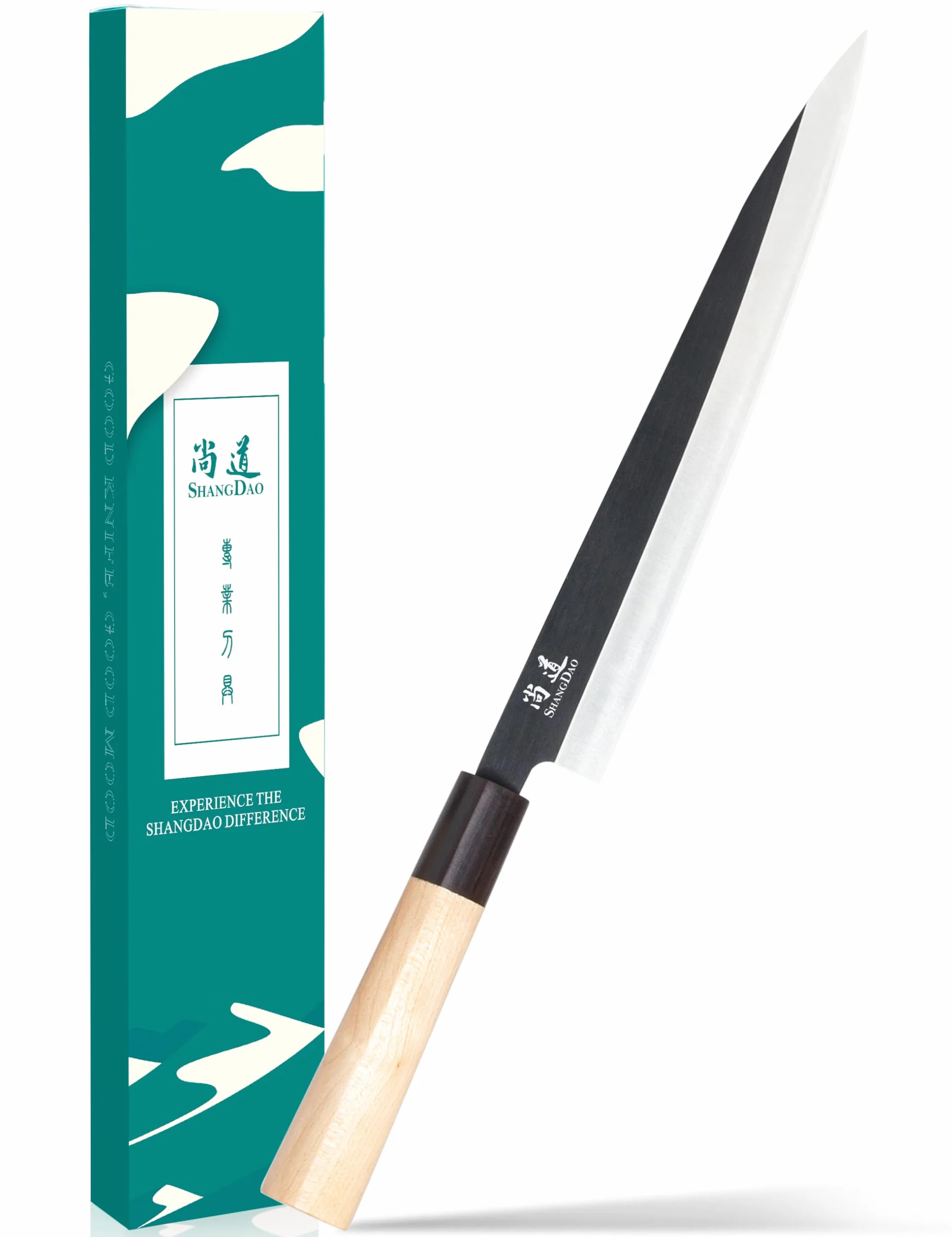 SHANGDAO Cuchillo Sashimi de sushi de 25 cm – Cuchillo de corte de carne y cuchillo Yanagiba, fileteado y corte de pescado, acero alemán y mango de madera tradicional, caja de regalo