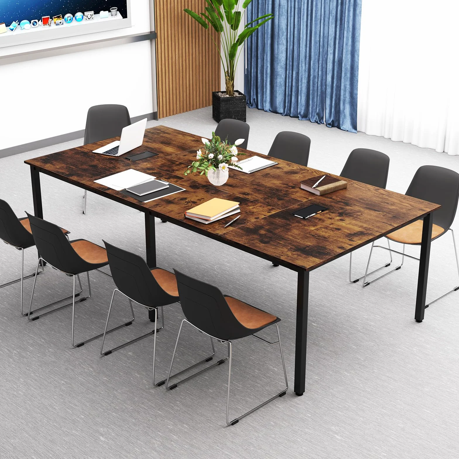COSTWAY Mesa de Reunión 240 x 120 cm, Mesa Grande de para 10 Personas, Escritorio Rectangular con 2 Pasacables, Oficina, Sala de Juntas, Marrón Rústico