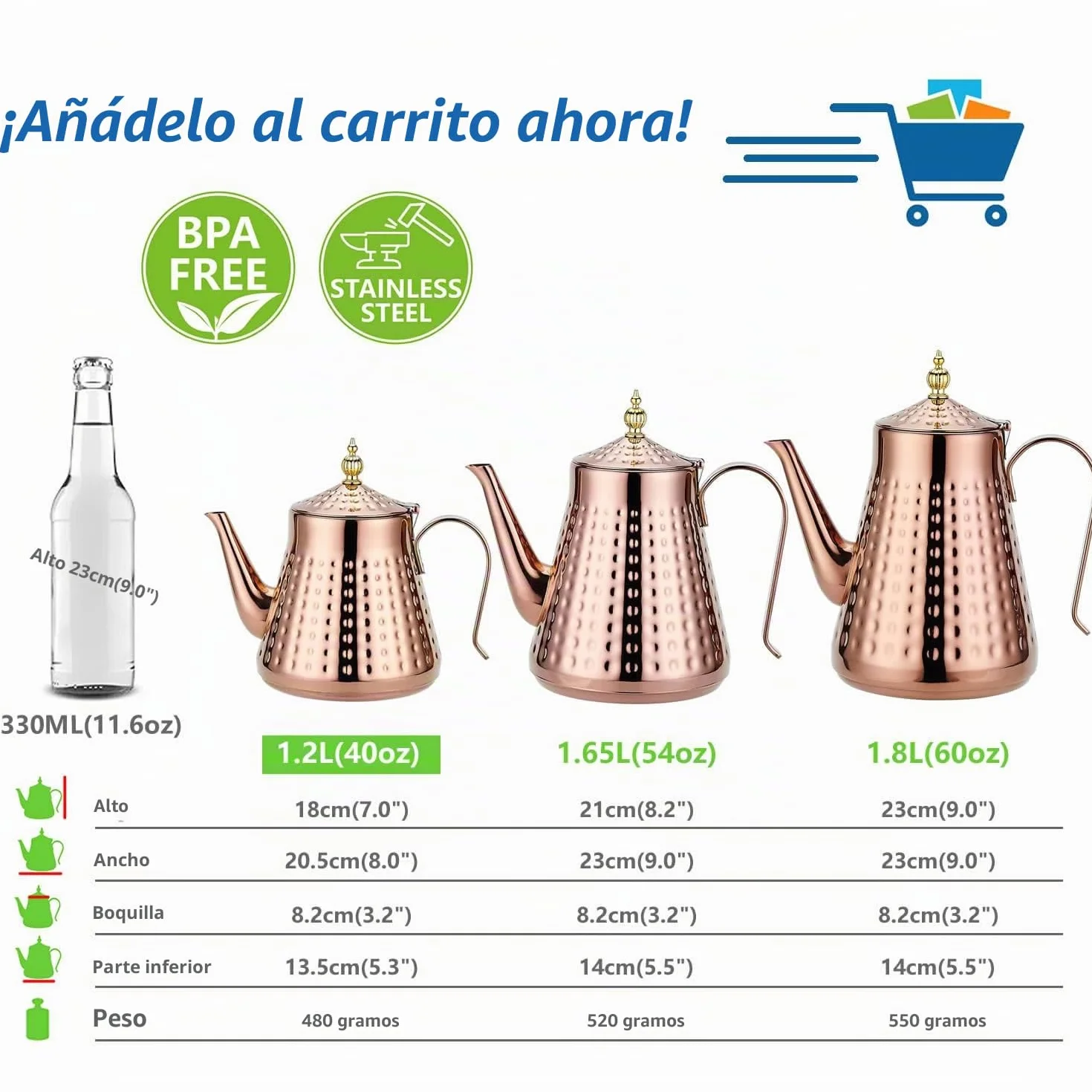 SANQIAHOME 1200ml,Tetera de acero inoxidable con infusor extraíble,tetera de estufa,cobre
