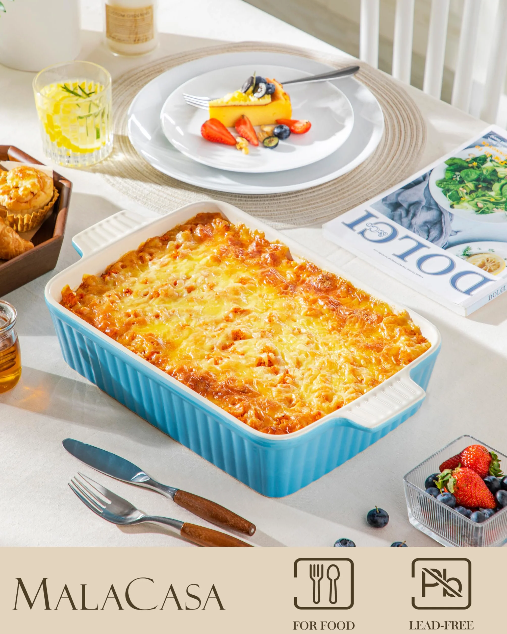 MALACASA Serie BAKE, Fuente Rectangular de Porcelana para Horno de 4200 ml, Fuente Grande para Horno con Asas para Gratinados y Guisos, Apta para Lavavajillas, Color Azul