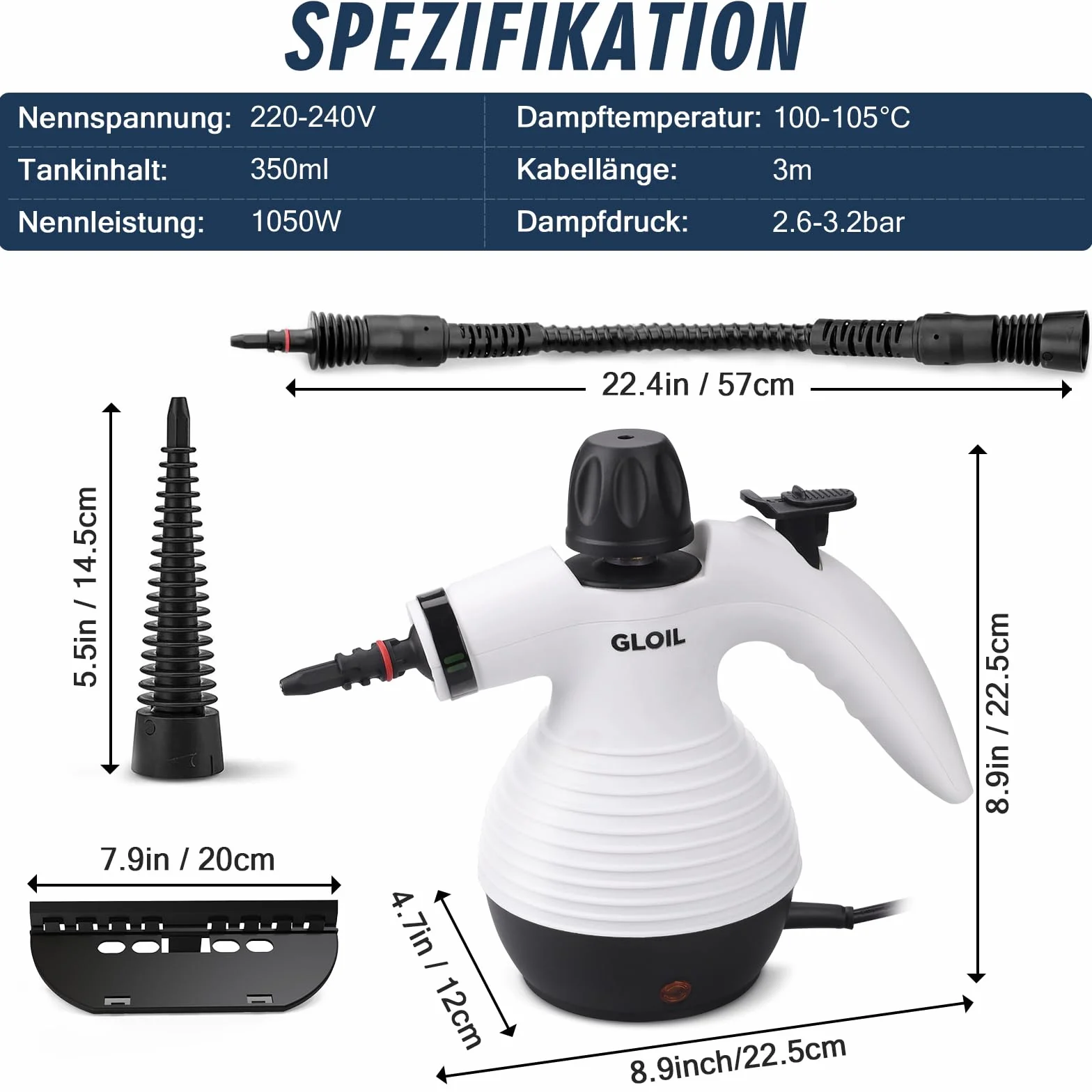 Vaporeta de Limpieza, Limpiador de vapor para todo, portátil multiusos Steam Cleaner con 10 accesorios para alfombras, cortinas, sofás, cocinas y baños. (Black)