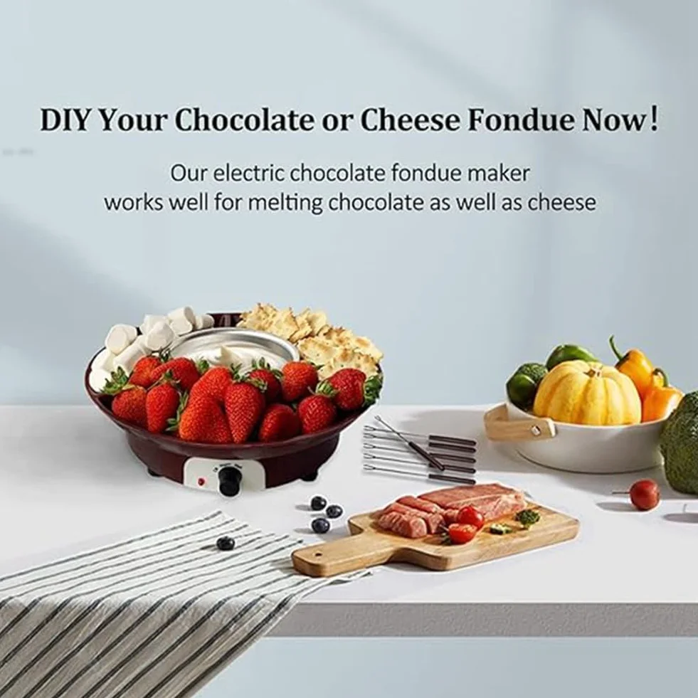 Juego de Ollas para Fondue, MáQuina EléCtrica para Hacer Fondue de Chocolate con 4 Tenedores, Kit de MáQuina para Fundir Queso, Control de Temperatura. Enchufe Europeo