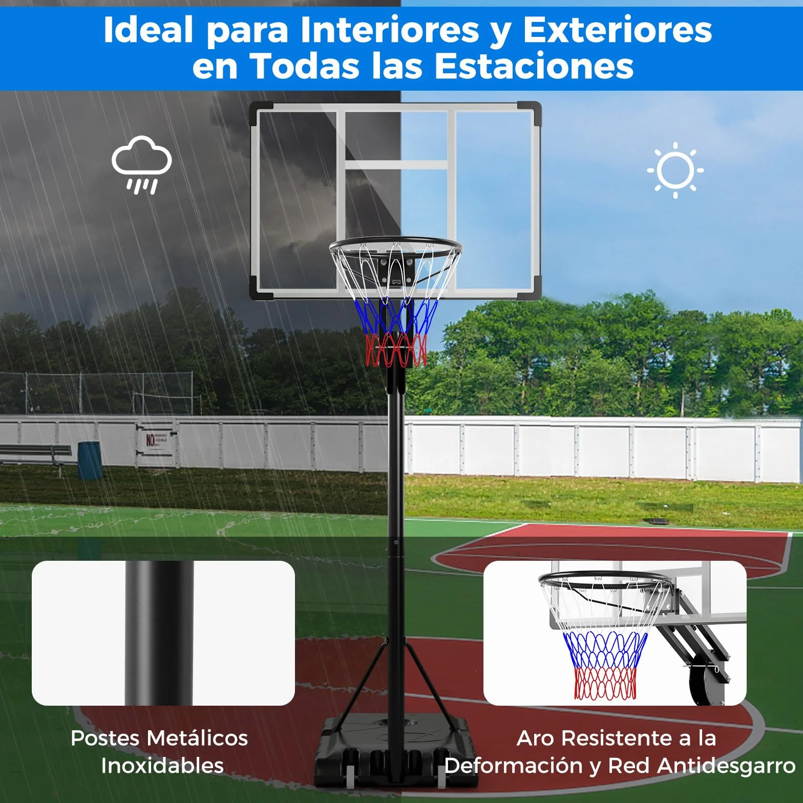 COSTWAY Canasta de Baloncesto Altura Ajustable 10 Niveles 1,49-3,05 M Exterior Interior 2 Ruedas Base Rellenable