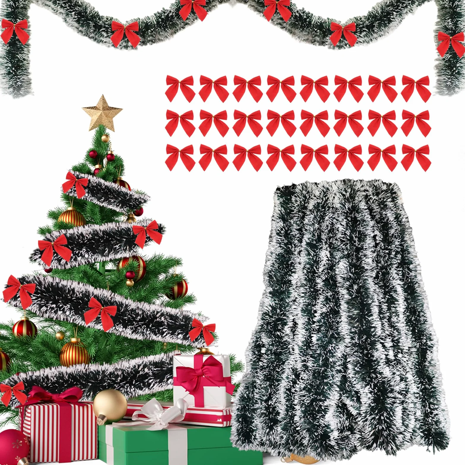 Guirnalda Navidad 10m + 24pcs Lazos Arbol Navidad Rojos, Grinalda Natal, Christmas Garland, Espumillón Verde Grueso, Decoración Navideña Guirnalda para Interior y Exterior, para Puertas Escaleras