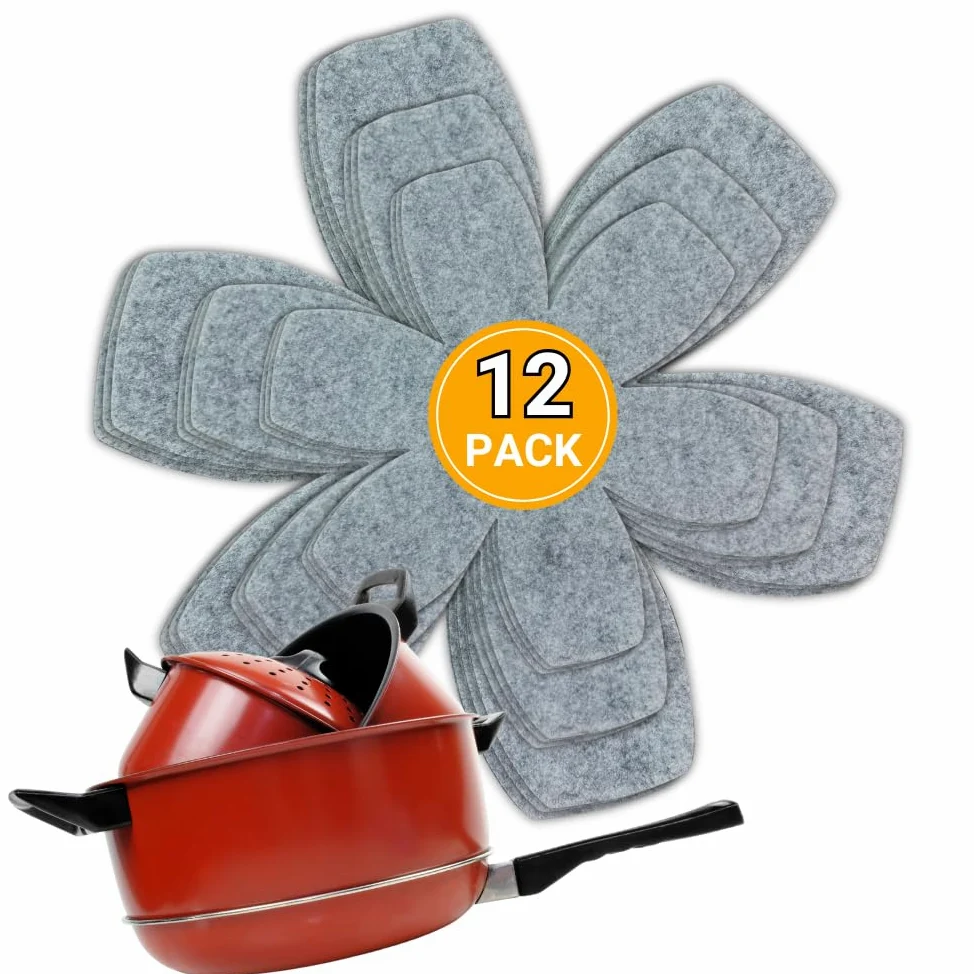 SAVUK Juego de 12 protectores de ollas y sartenes y 3 tamaños diferentes, separadores de ollas, almohadilla antideslizante para apilar y proteger utensilios de cocina para evitar arañazos (10, 12.5 y