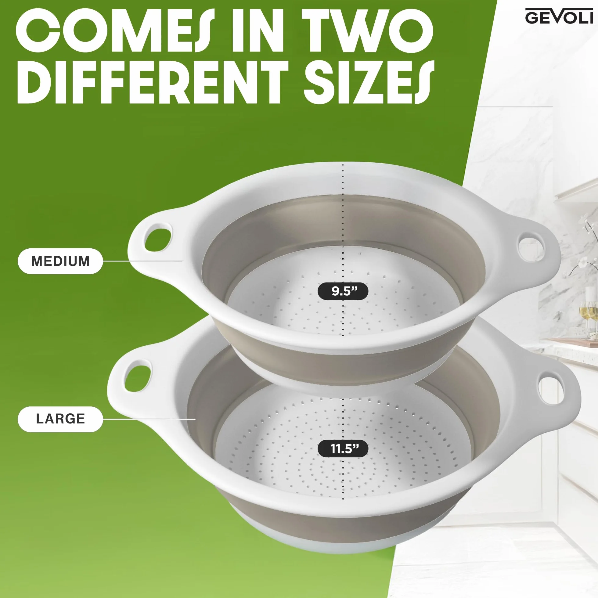 GEVOLI Coladores plegables (lote de 2) - Coladores de alimentos con base de goteo para fregadero, ideales para pastas, frutas y verduras (4 L y 5 L) - Blanco/Beige