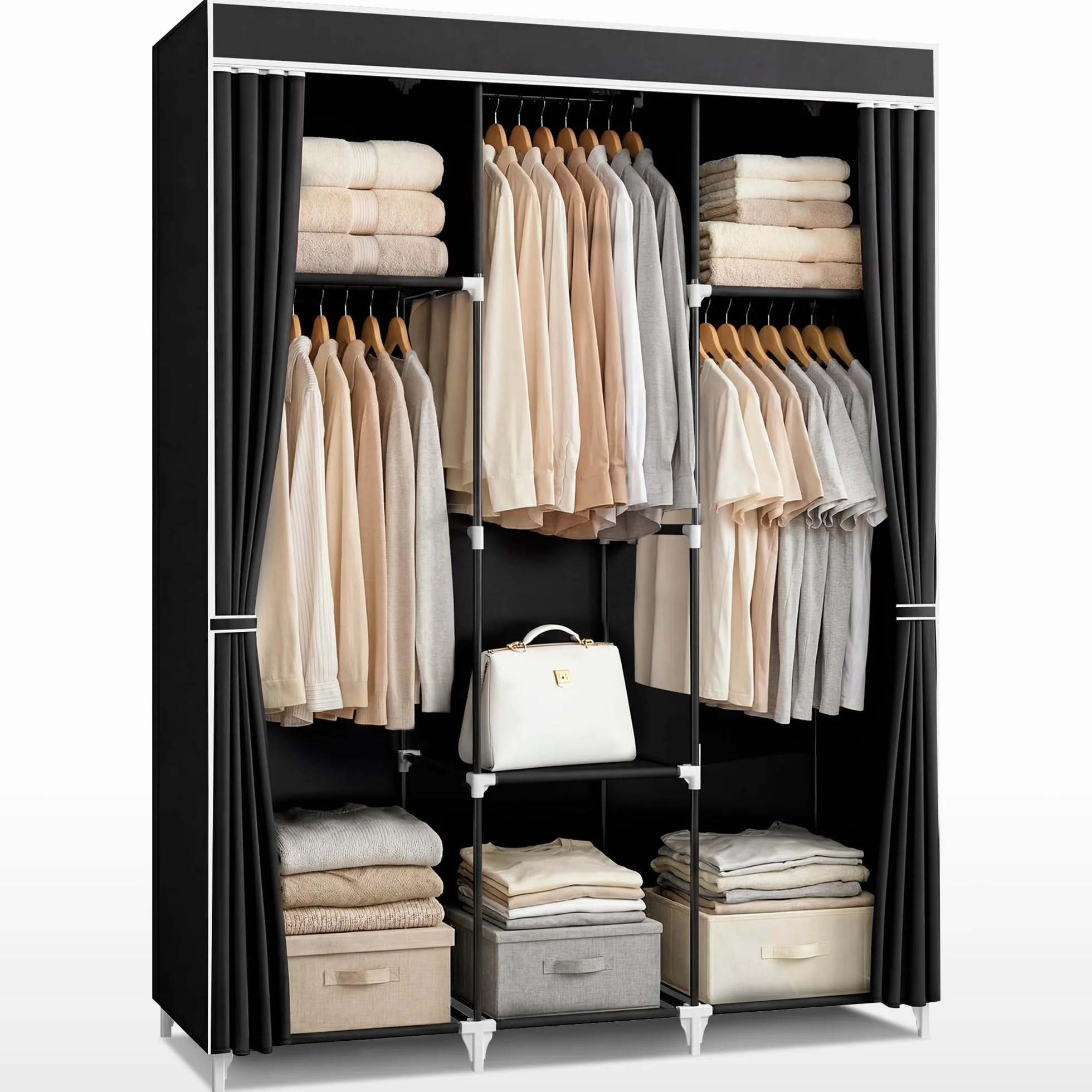 JUPPLIES Armario de Tela Portátil 45x127x168 cm Estanterías Bolsillos Laterales Barras Colgar Ropa Plegable Ligero
