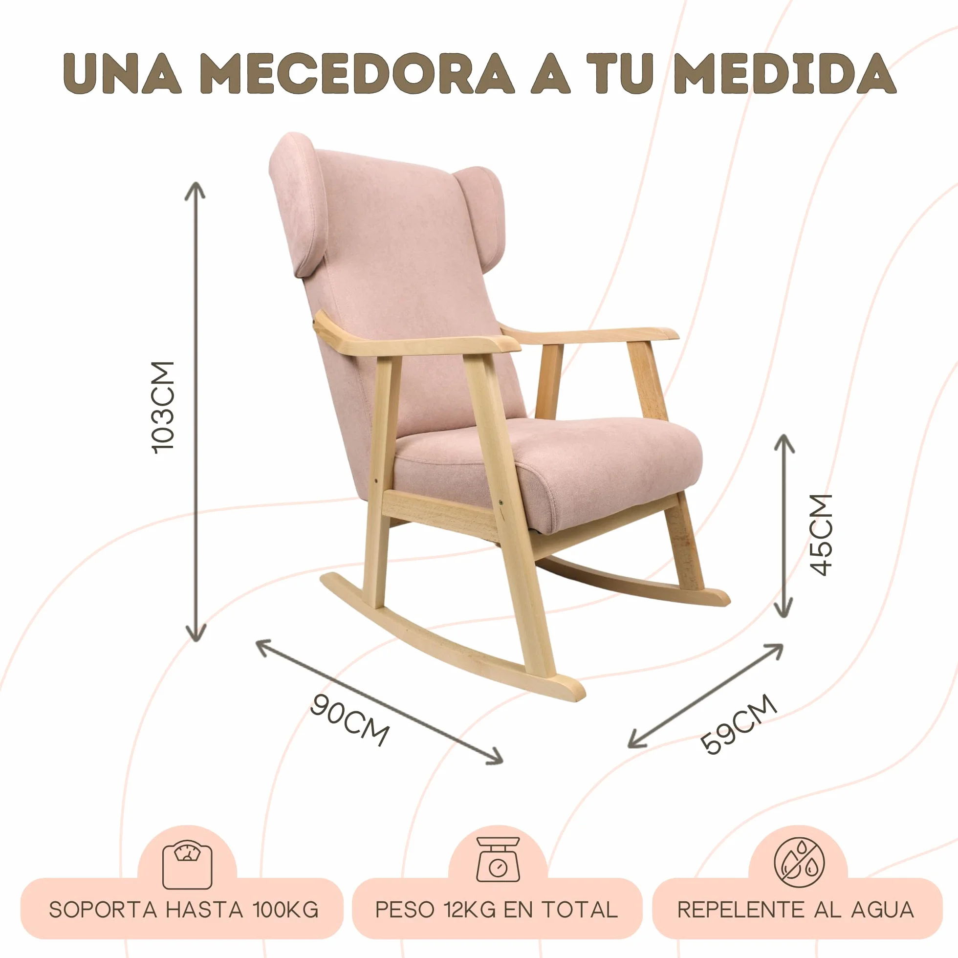 Mecedora Orejera Mod. Torino Sillón Balancín Lactancia Antimanchas Madera Haya Maciza Fabricado España Marrón Natural