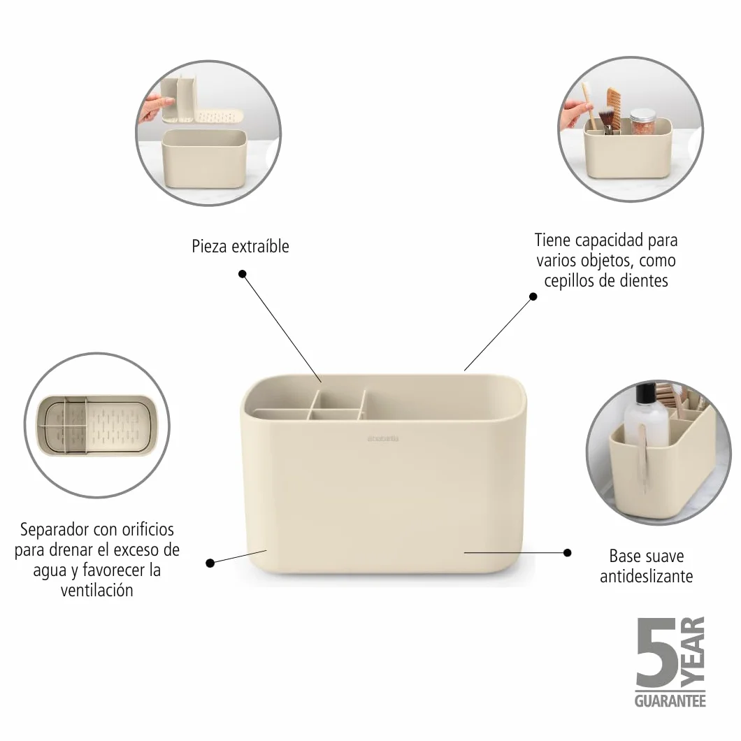Brabantia - ReNew Organizador para el Baño - Organizador para el Lavabo - Apto como Portacepillos de Dientes - No Raya - Fácil de Limpiar - Resistente a la Corrosión - Soft Beige - 19,7 x 9,8 x 11 cm
