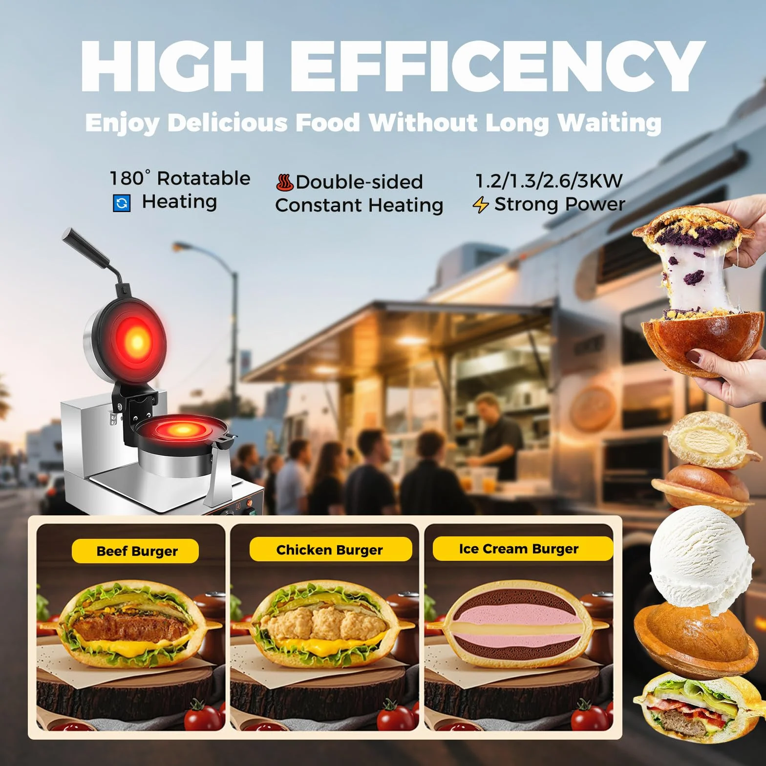 Gofrera para Hamburguesas Máquina para paninis Prensa de Hamburguesas Comercial Disquera Pan Cubano Industrial 50℃~300℃ para restaurantes/cafeterías/Camiones de Comida singleheadrotating