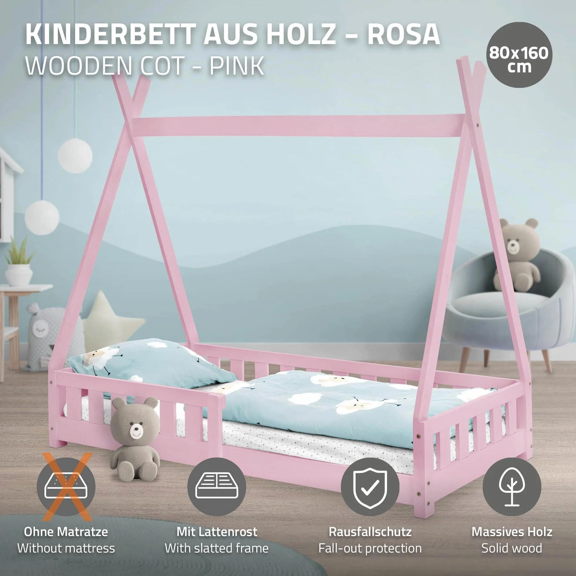 ML-Design Cama Infantil Tipi 80x160 cm con Protección Anticaída y Somier Estructura Listones de Madera de Pino Maciza Rosa Lecho Cuna de Suelo Forma de Casa Mobiliario Juego Tienda de Campaña Niños