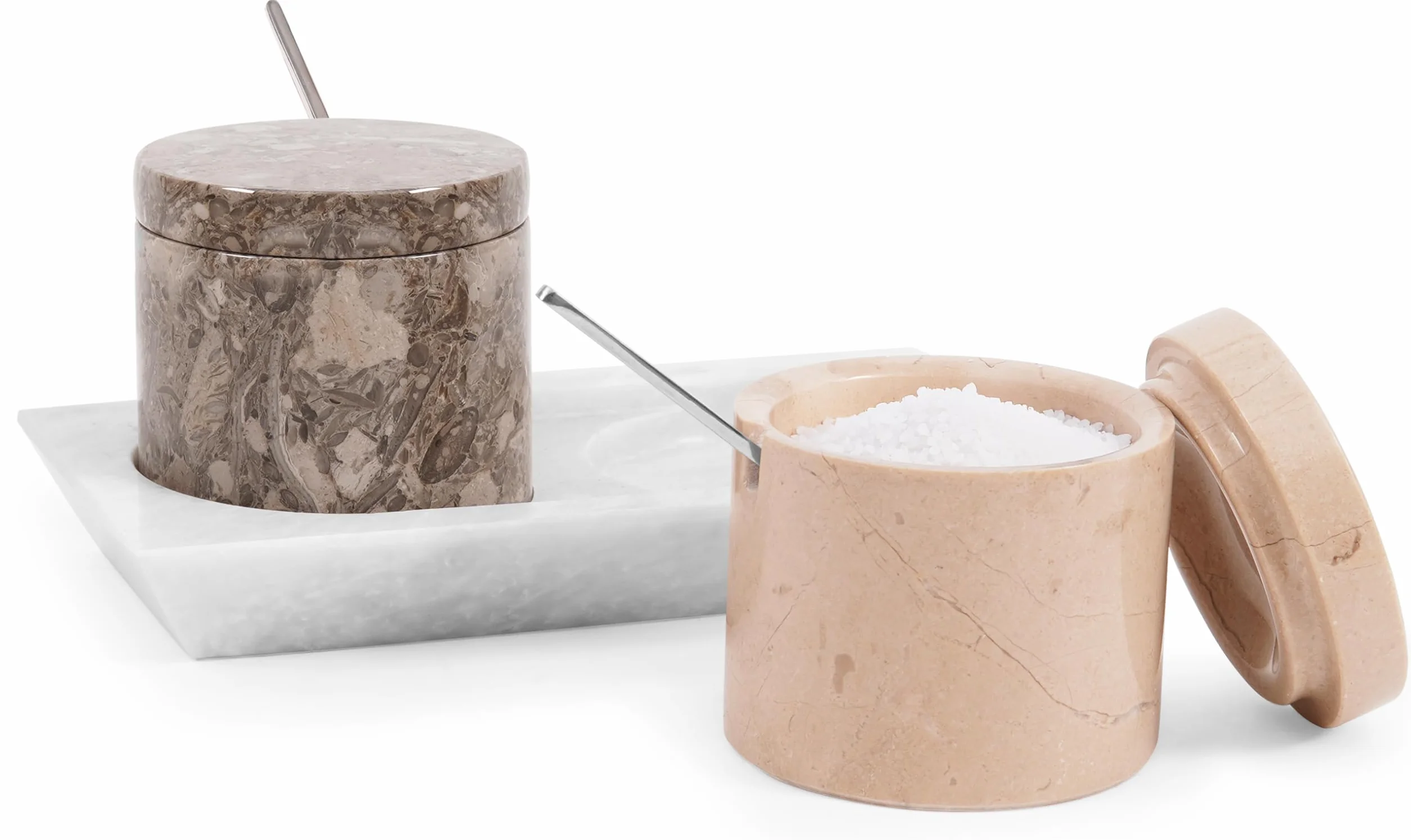 Radicaln Bodega de sal de mármol con tapa y bandeja de 7,6 cm, pulgadas Oceanic & Verona, juego de 2 tarros de condimentos hechos a mano para almacenamiento de cocina