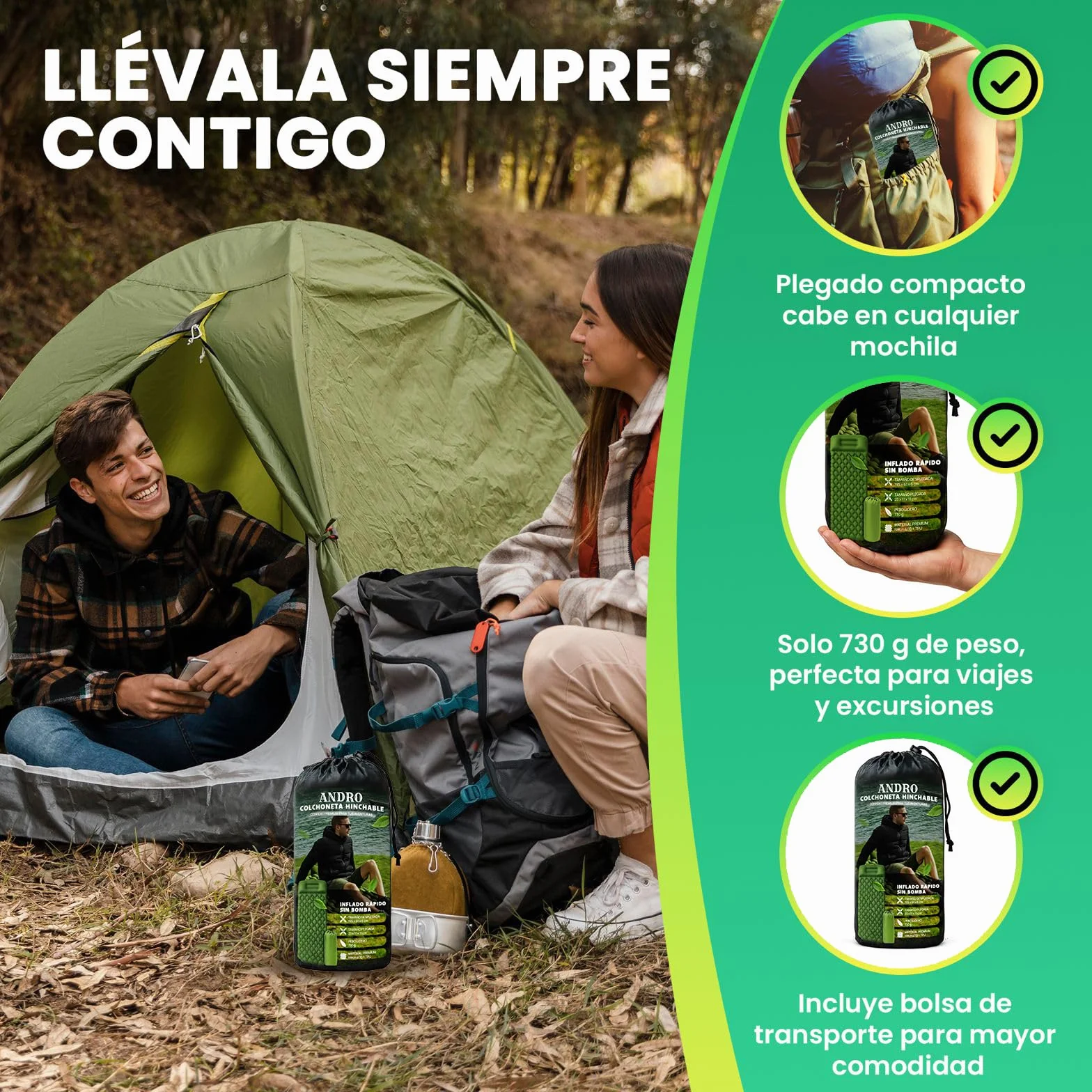 ANDRO Colchoneta Camping Hinchable Individual Ultraligero Portátil para Acampada