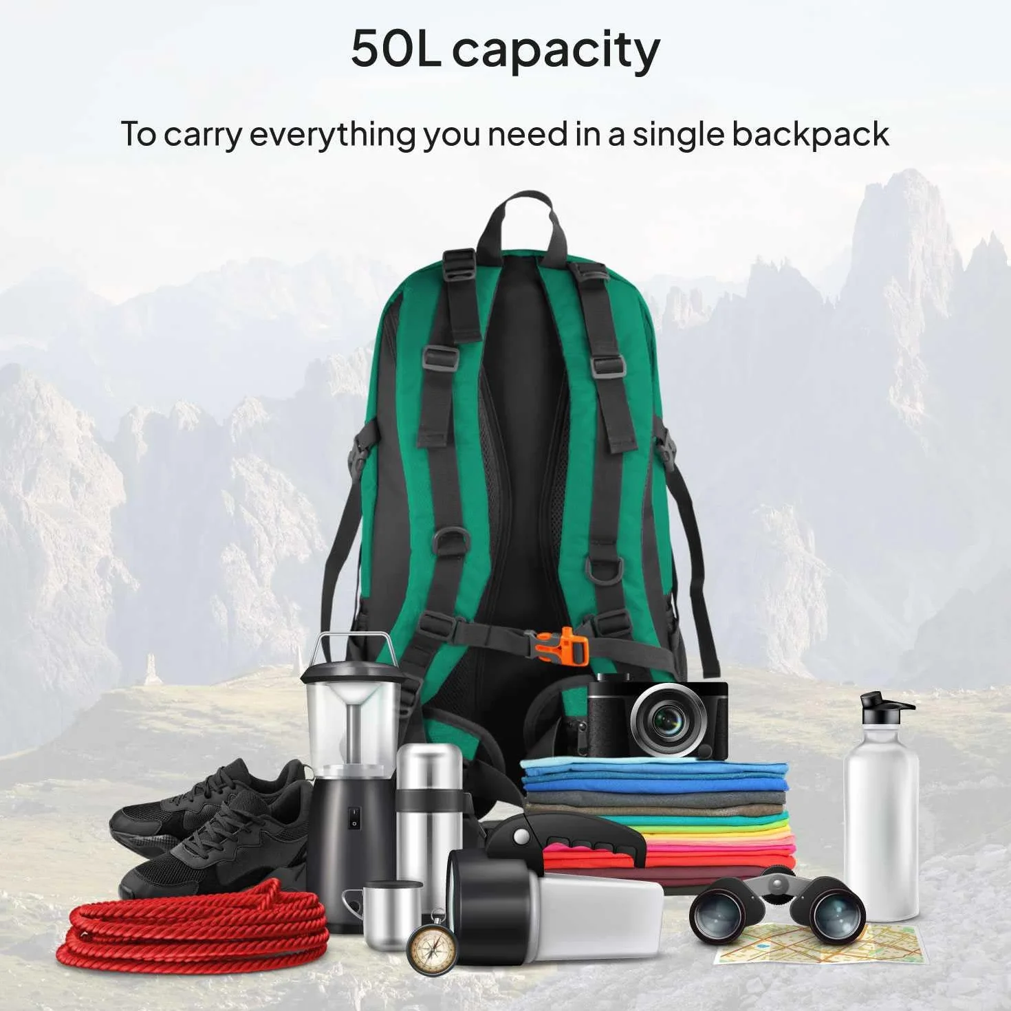Mochila Senderismo 50L Impermeable Plegable Ligera para Camping Escalada