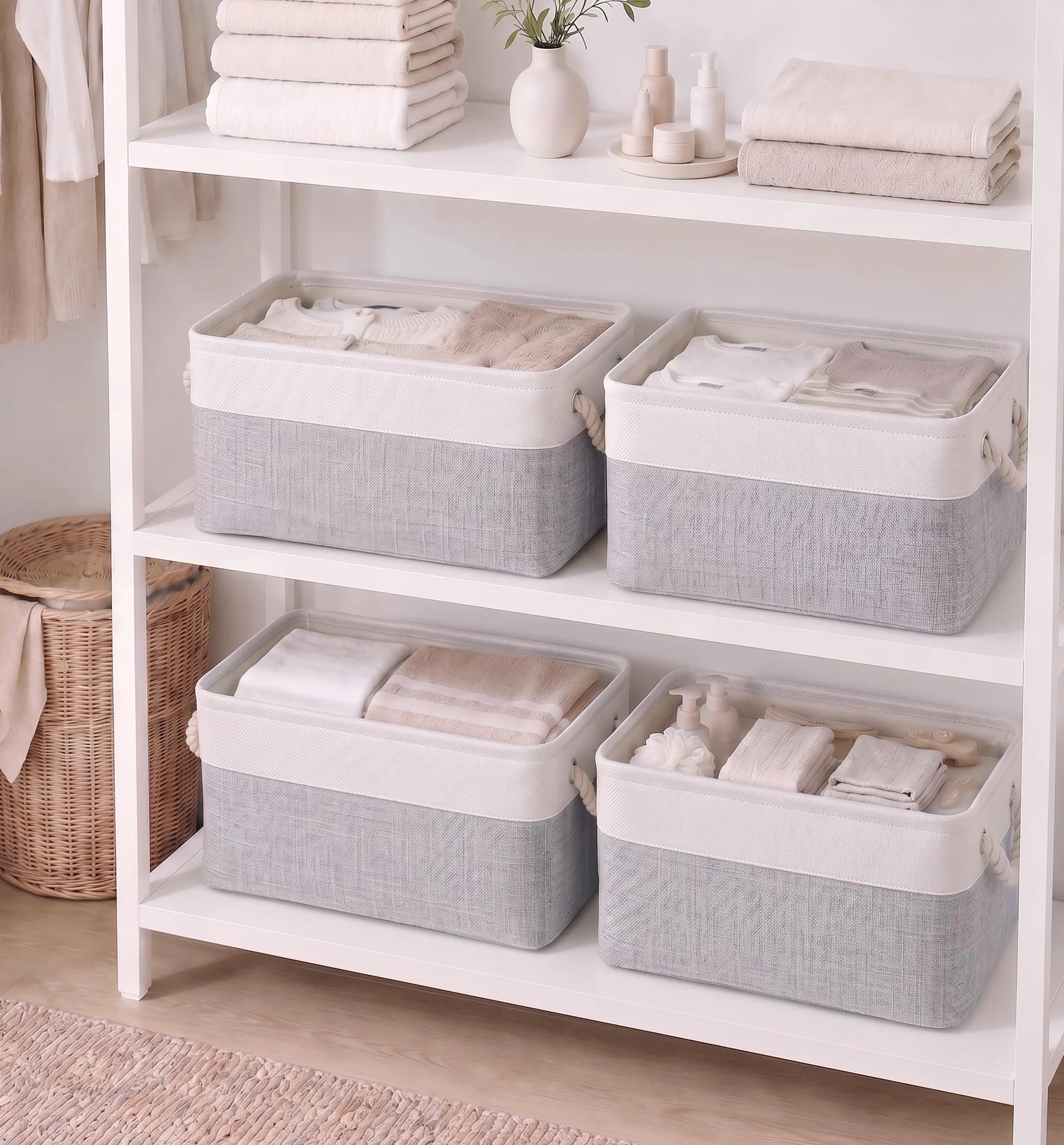 Mangata Caja de almacenaje, cestas de almacenaje Tela, Plegable Cajas organizadoras para Ropa, Juguetes, armarios (38x28x24 cm, Juego de 3, Gris Blanco)