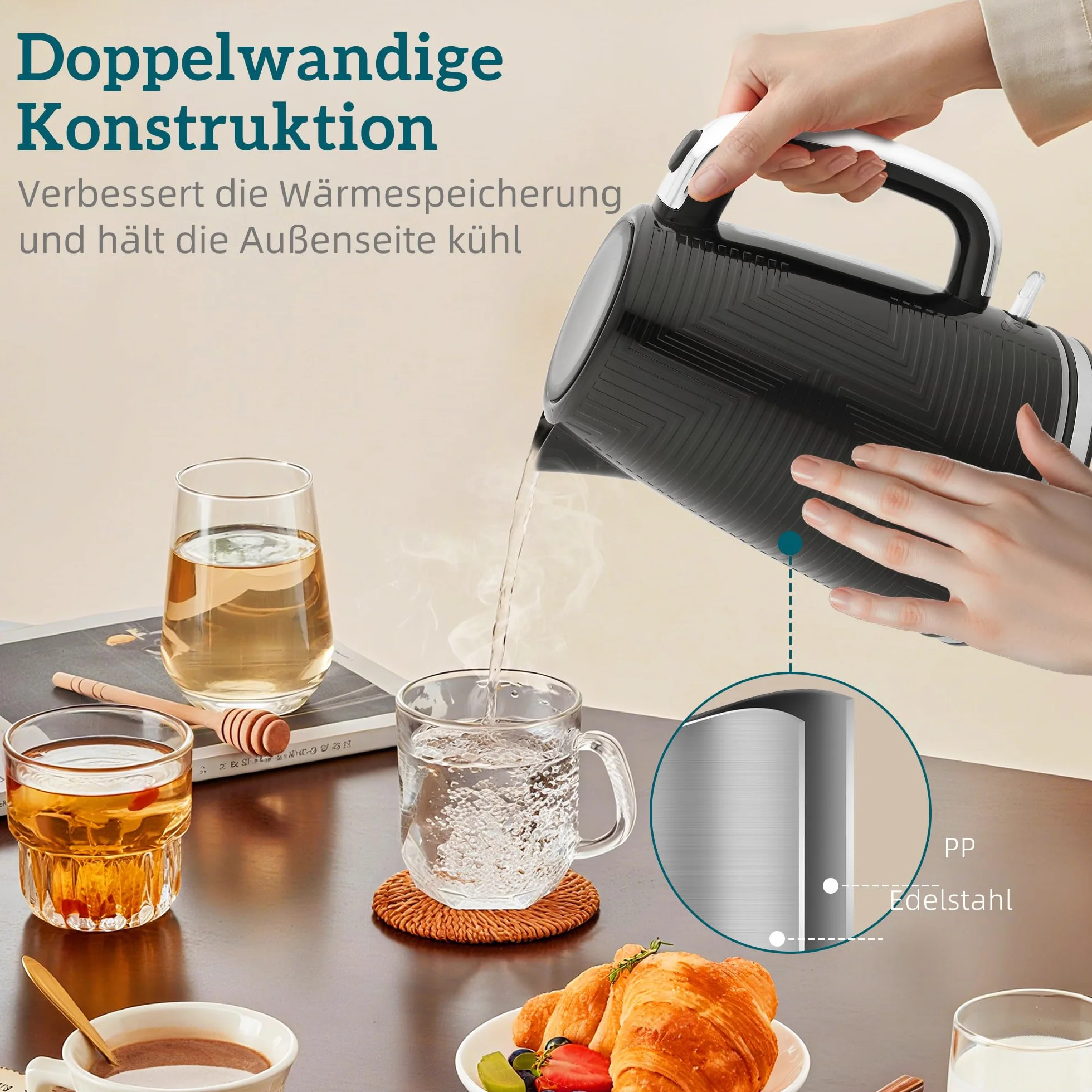 HOMCOM Set Tostador Hervidor Acero Inoxidable 1.7L Tostador 2 Discos 2200W Set Desayuno con Termostato Otter, 7 Niveles de Dorado, Descongelar, Recalentar, Bandeja recogemigas, Filtro antical Negro