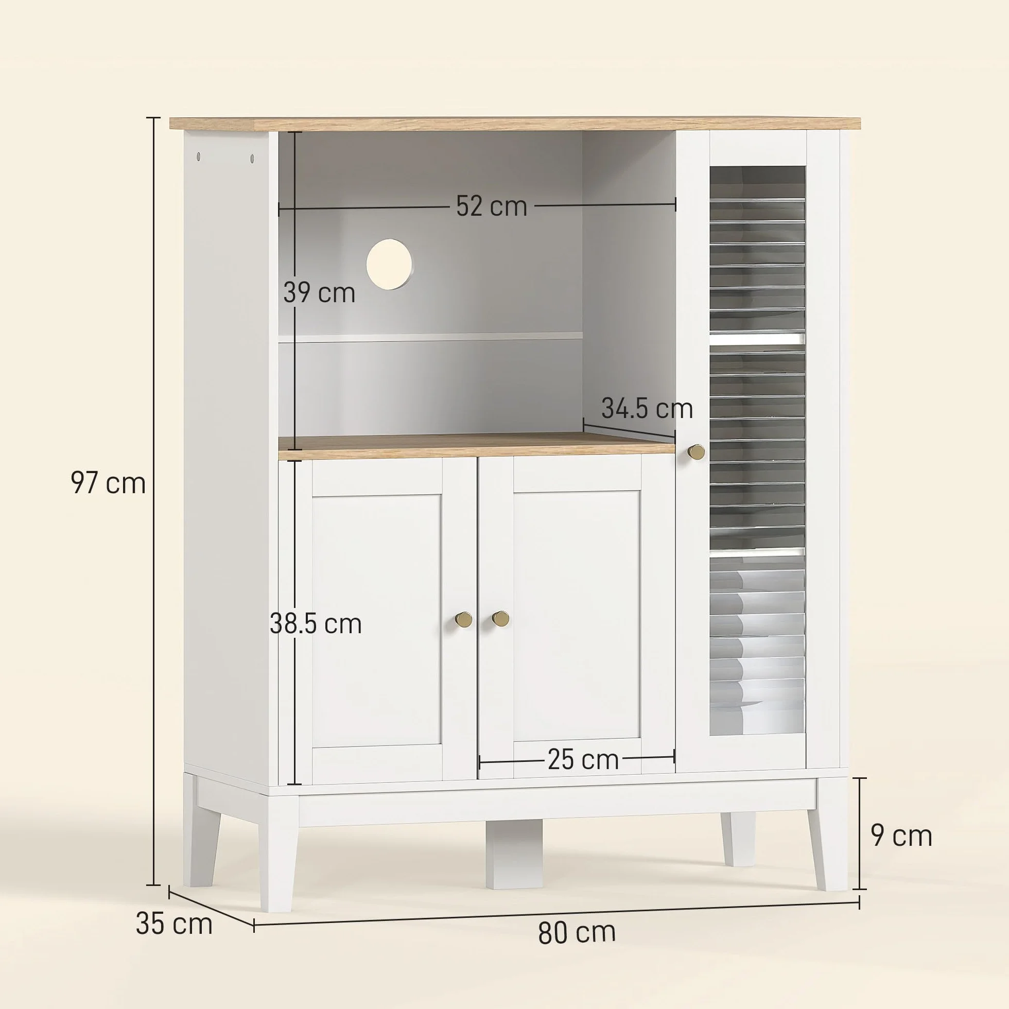 HOMCOM Mueble Auxiliar de Cocina Moderno Mueble para Microondas Aparador de Cocina con Estantes 3 Puertas Compartimiento Abierto y Sistema Anti-vuelco para Comedor 80x35x97 cm Blanco