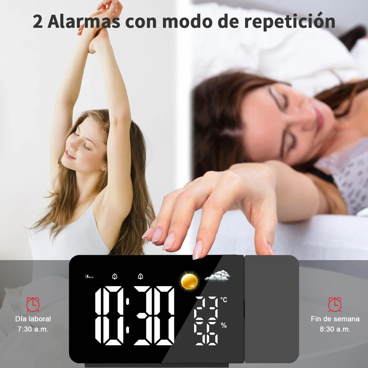 Uzoli EM3211A Despertador con proyector techo y pantalla LED, Previsión del tiempo 8h, Temperatura, Humedad, 2 Alarmas, Función de snooze, Proyección de 180°, 10 Tonos, Reloj ideal para casa u oficina