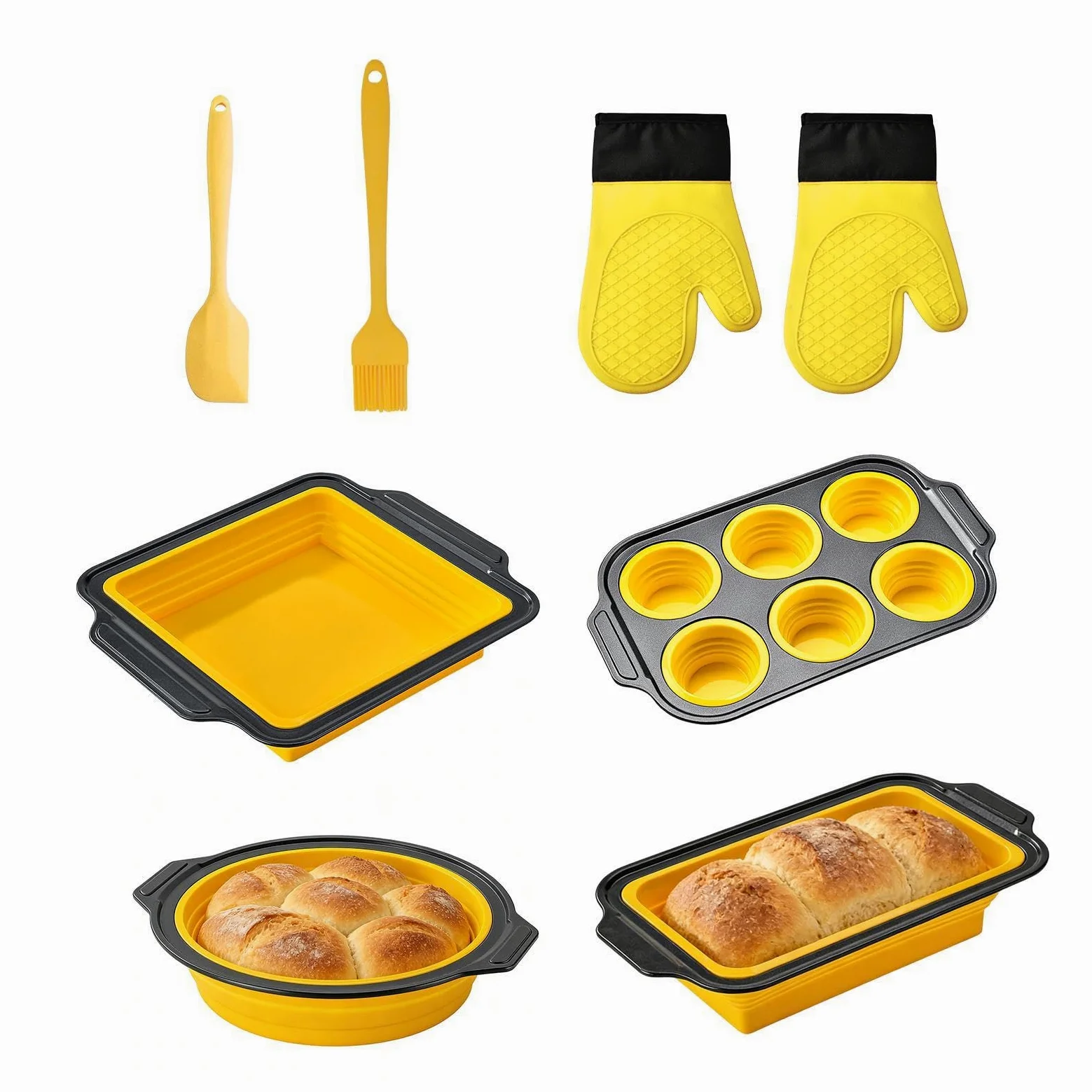 Juego de Moldes de Silicona para Hornear Vajilla Flexible para Hornear | con Guante, Rasqueta y Cepillo Set Apilable para Magdalenas, Galletas, Cupcakes, Huevos, Donuts, Beicon, Tostadora,