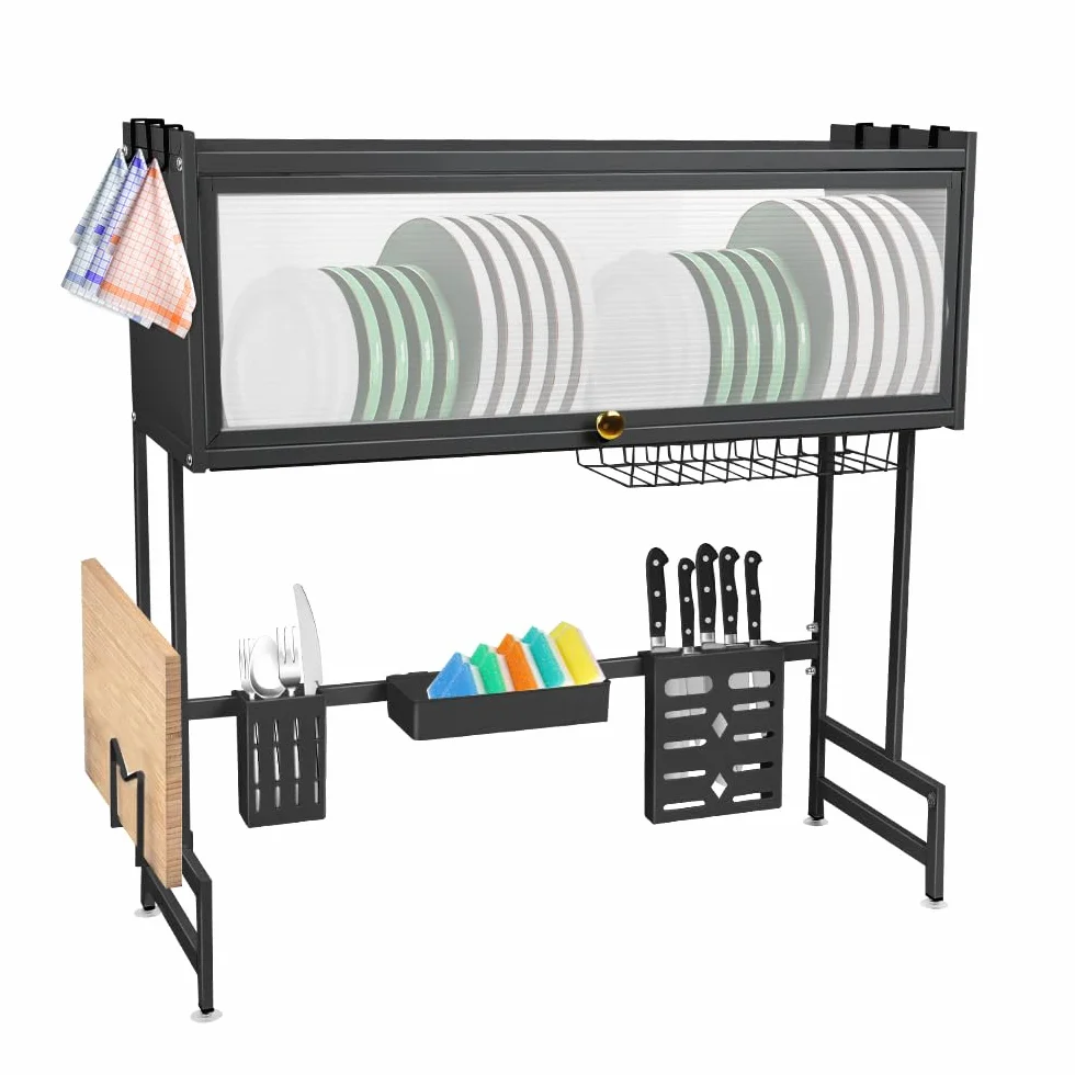 Escurridor sobre fregadero de 3 niveles con 6 ganchos para secadora de platos y escurridores de platos en fregadero organizador de cocina para escurrir platos, frutas y verduras (65 x 28 x 77